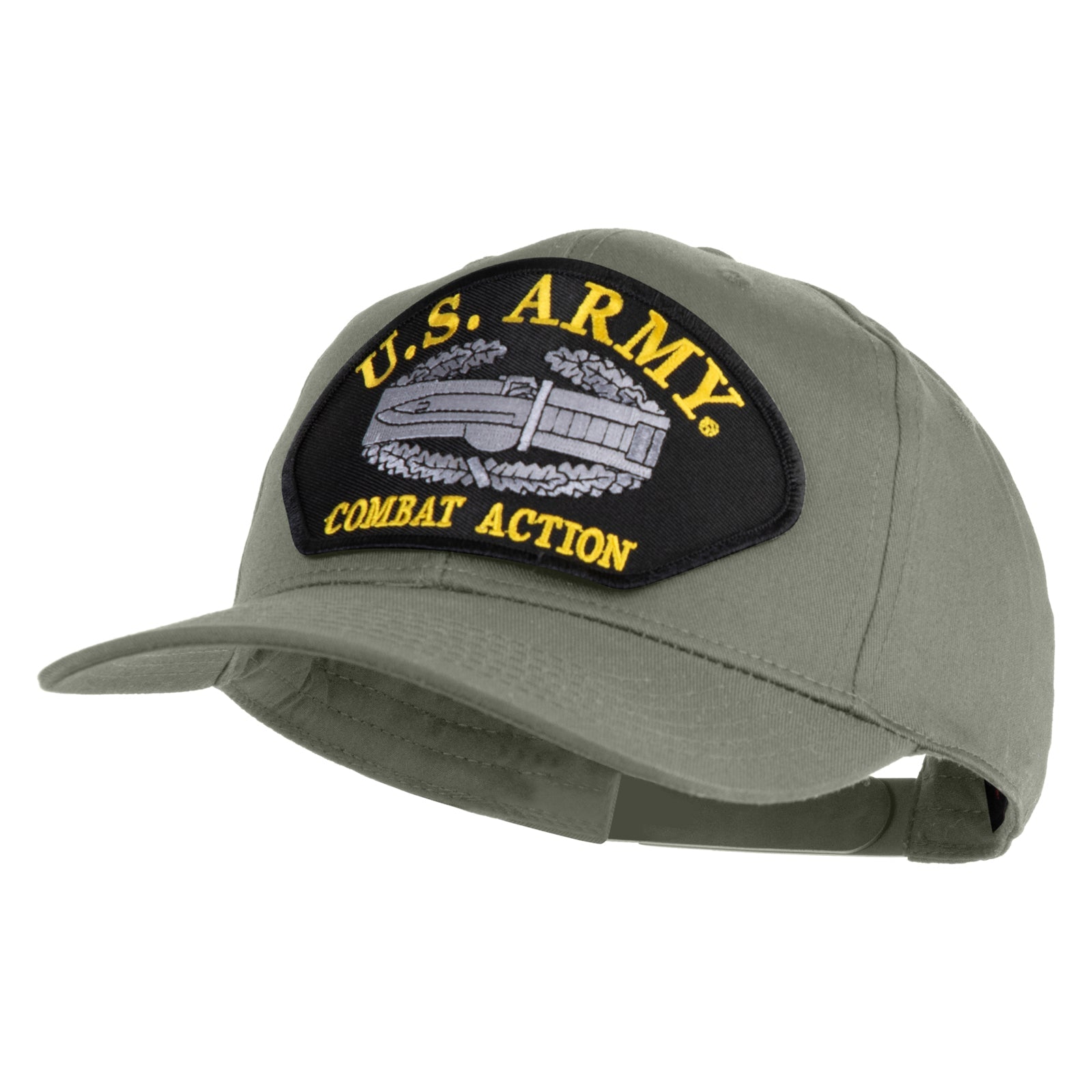 Green cap with U.S. Army Combat Action patch on a white background