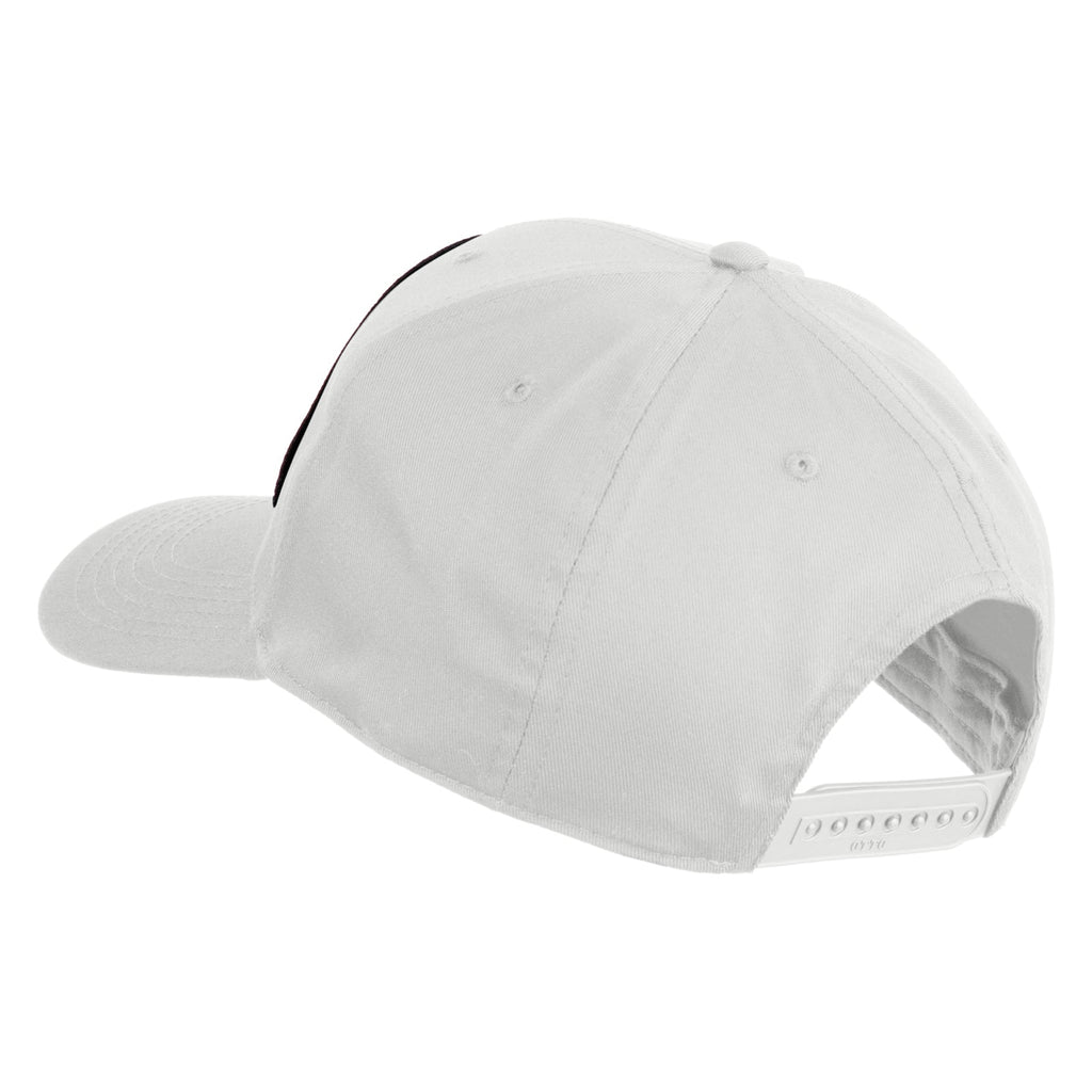 White baseball cap with a brand logo on a white background