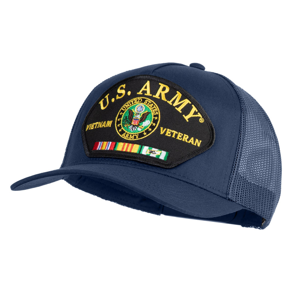 Blue cap with U.S. Army Veteran patch on a white background