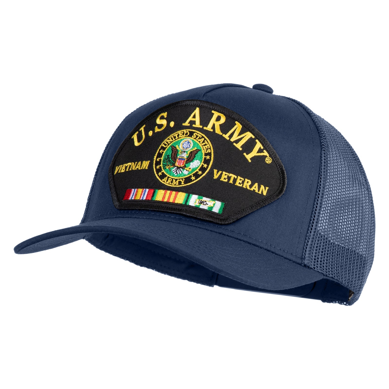 Blue cap with U.S. Army Veteran patch on a white background