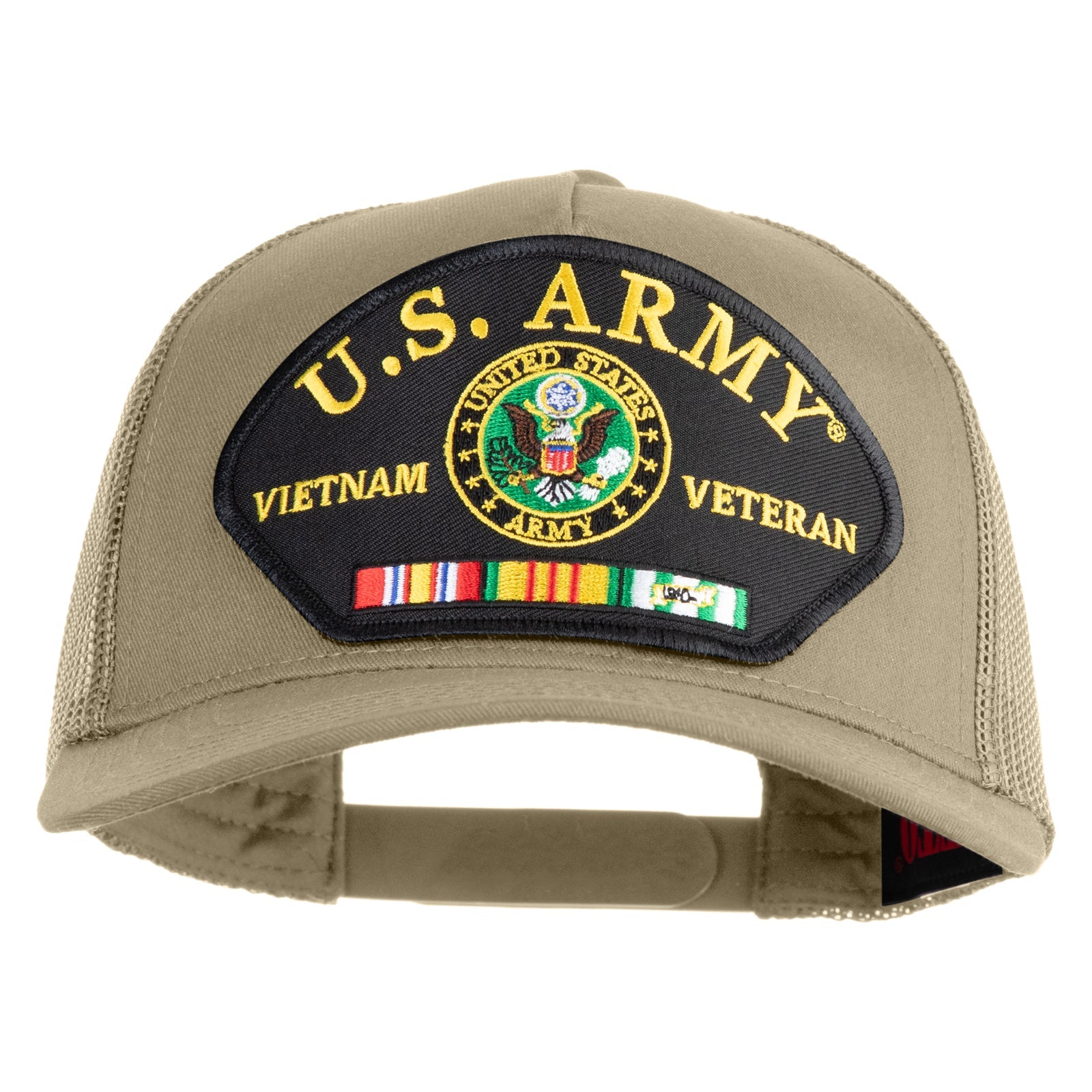 Khaki cap with U.S. Army Vietnam Veteran patch on a white background