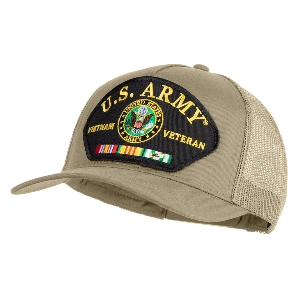 Beige cap with U.S. Army Veteran patch on a white background
