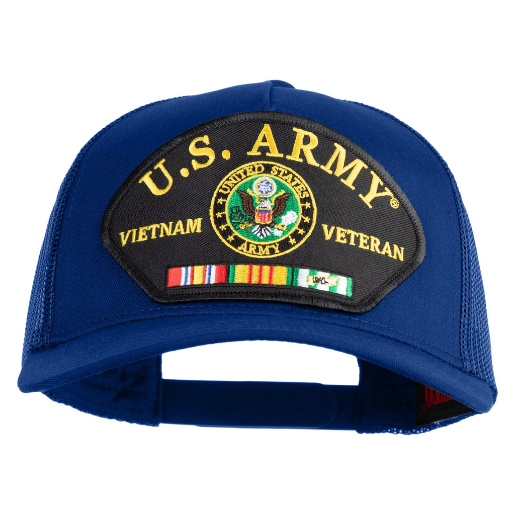 Blue cap with U.S. Army Vietnam Veteran patch on a white background