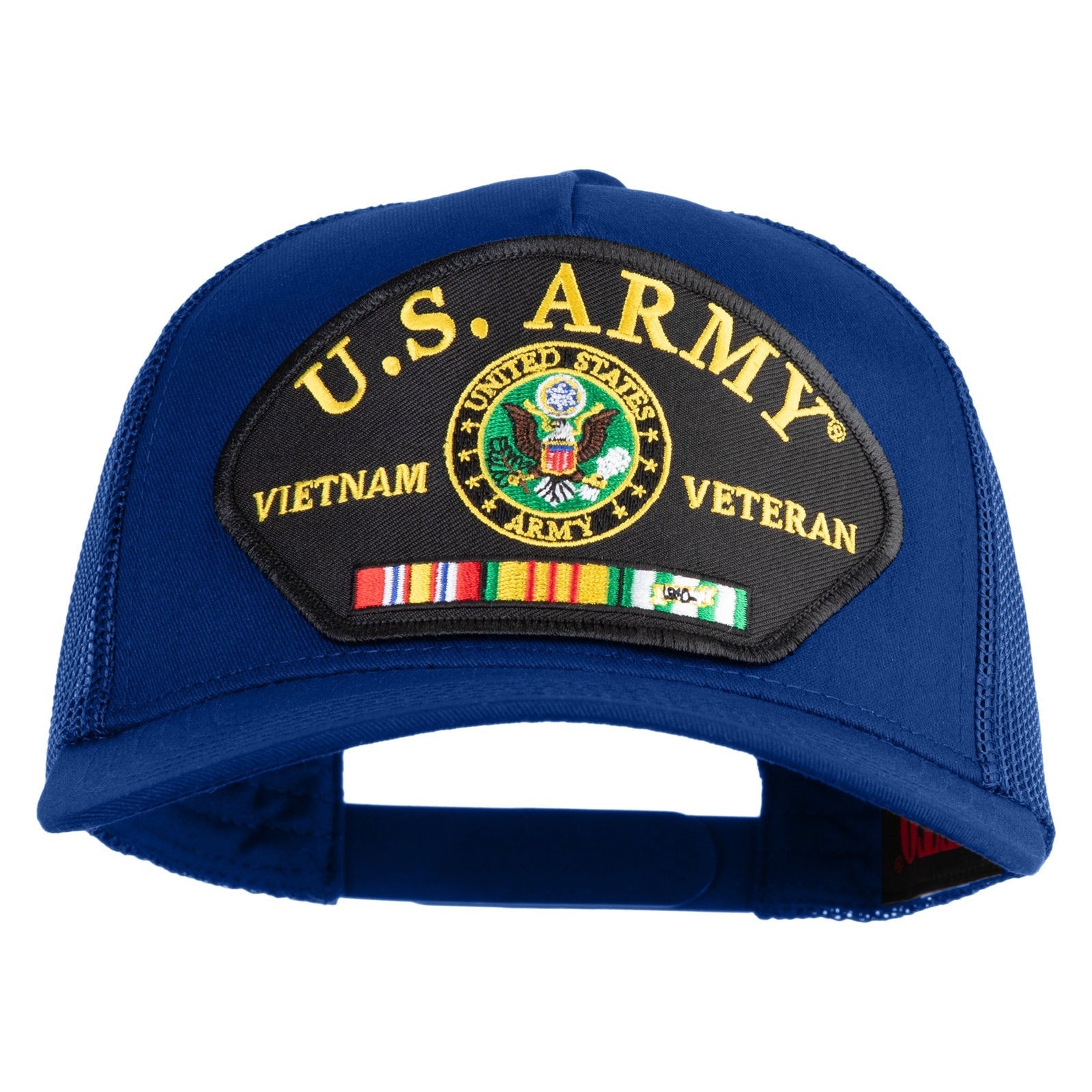 Blue cap with U.S. Army Vietnam Veteran patch on a white background