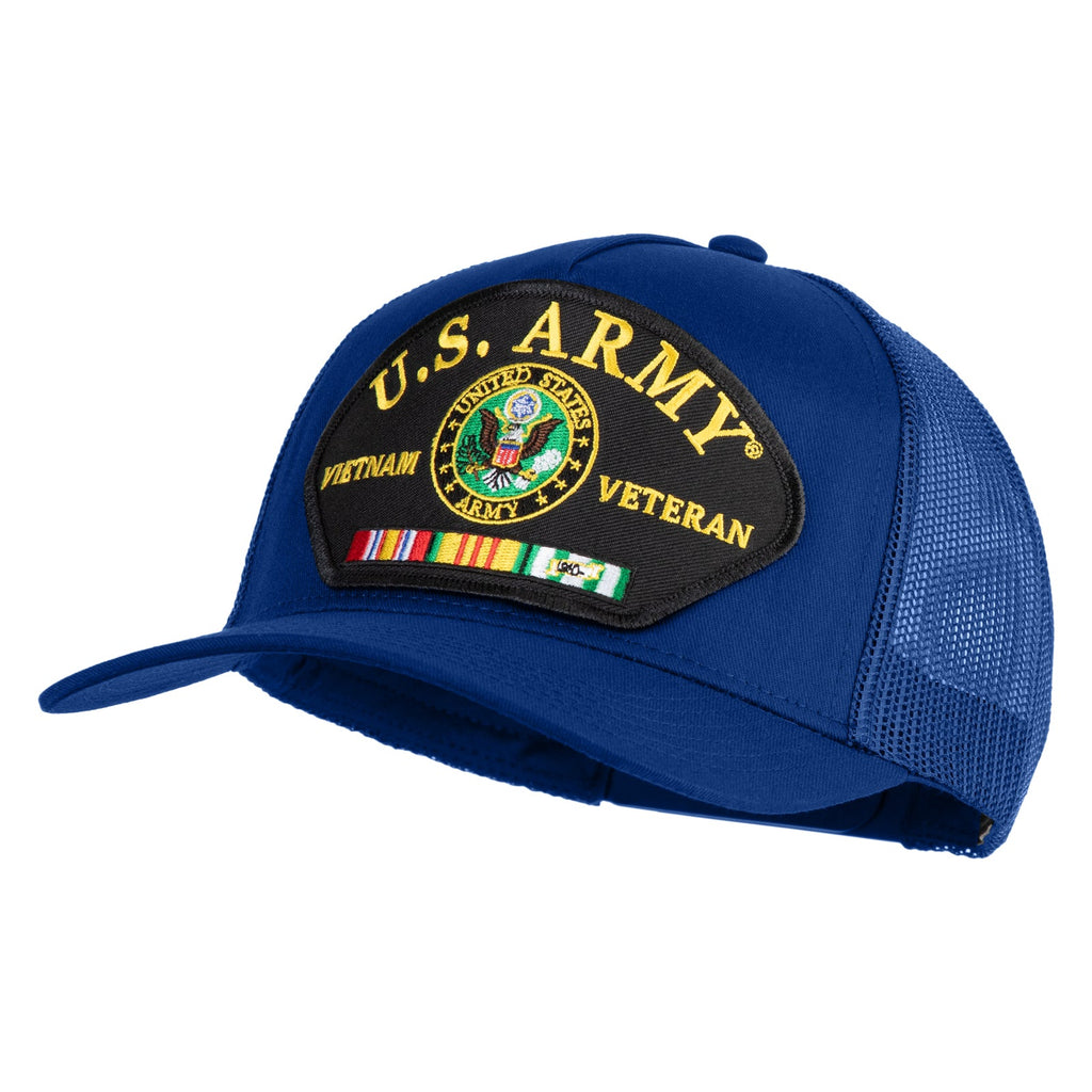 Blue cap with U.S. Army Vietnam Veteran patch on a white background