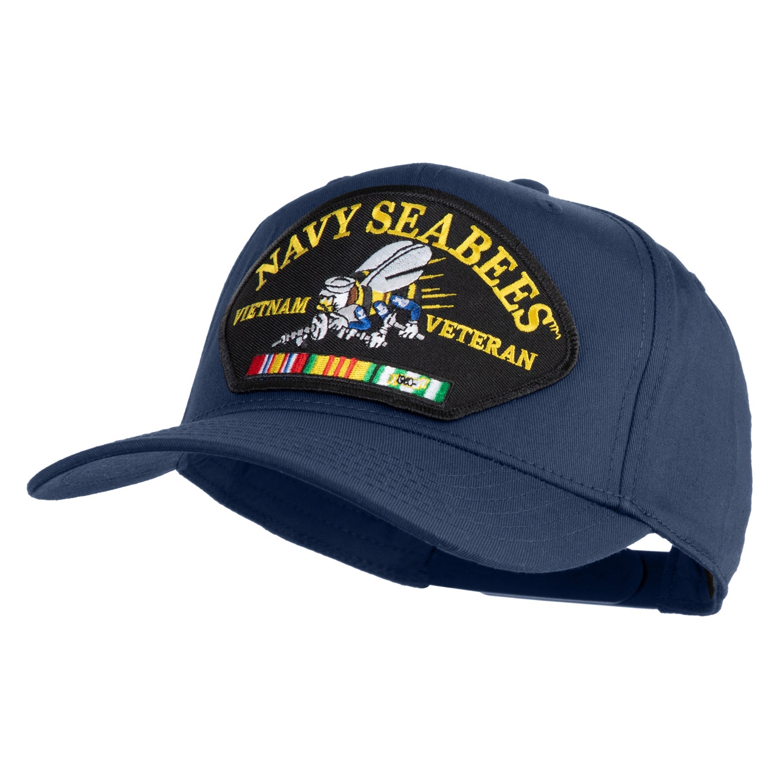 Navy Seabees Vietnam Veteran cap with embroidered patch on a white background
