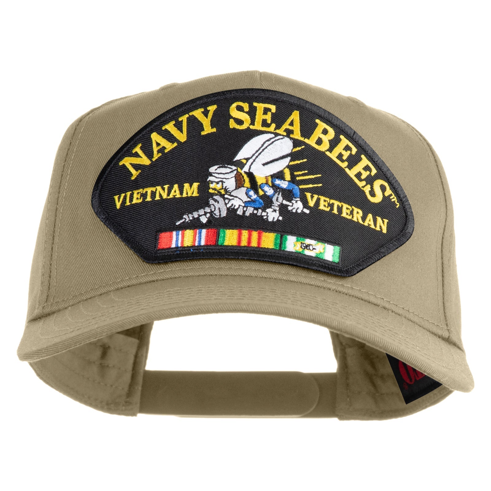 Beige cap with Navy Seabees Vietnam Veteran patch on a white background