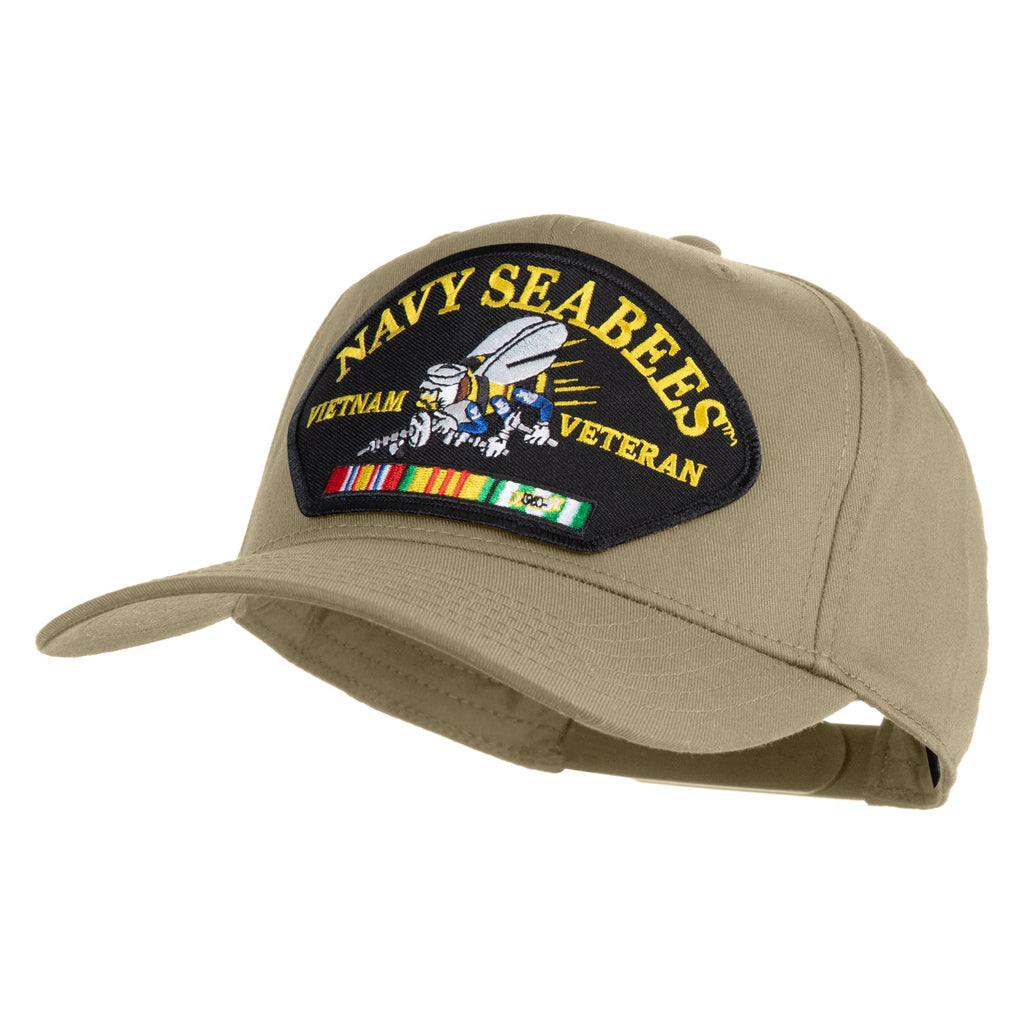 Khaki cap with Navy Seabees Vietnam Veteran patch on a white background