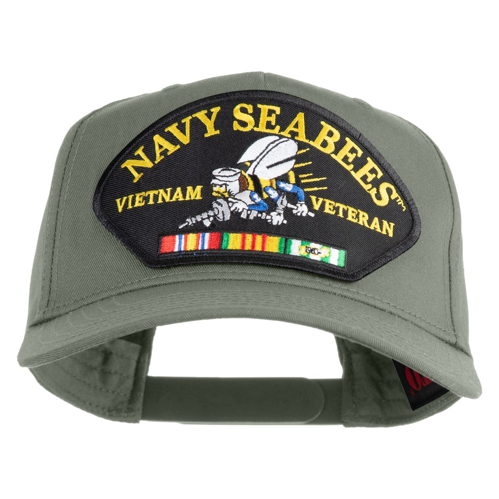 Green cap with 'Navy Seabees Vietnam Veteran' patch on a white background