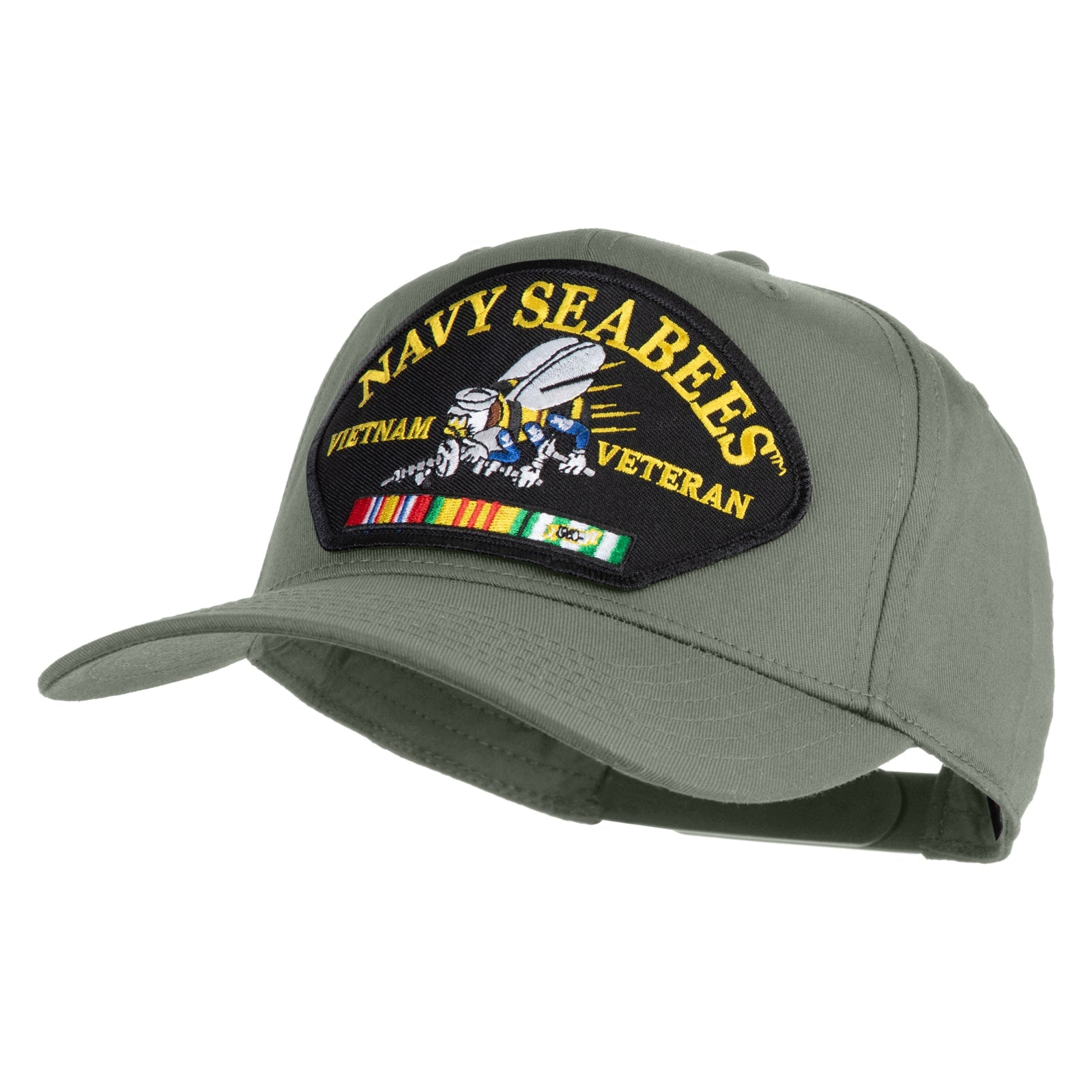 Green cap with Navy Seabees Vietnam Veteran patch on a white background