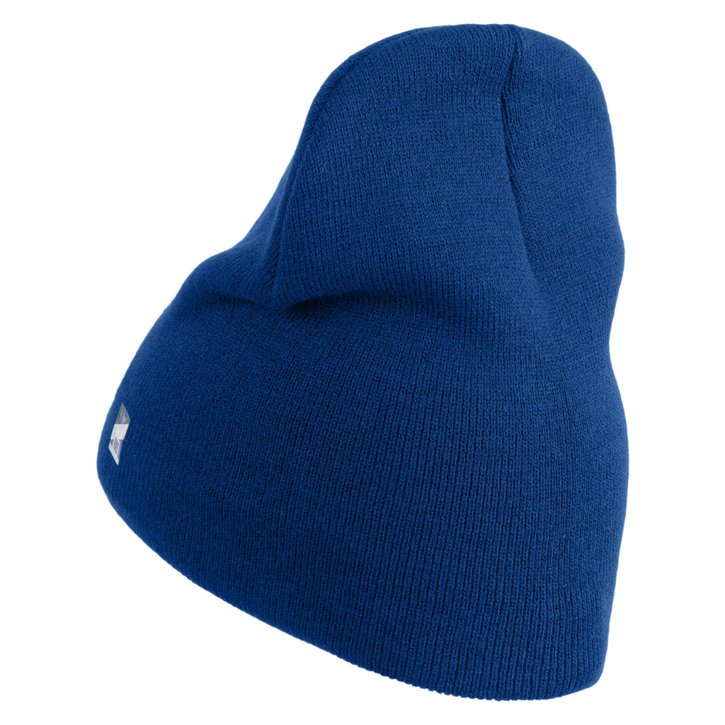 Blue knit beanie on a white background