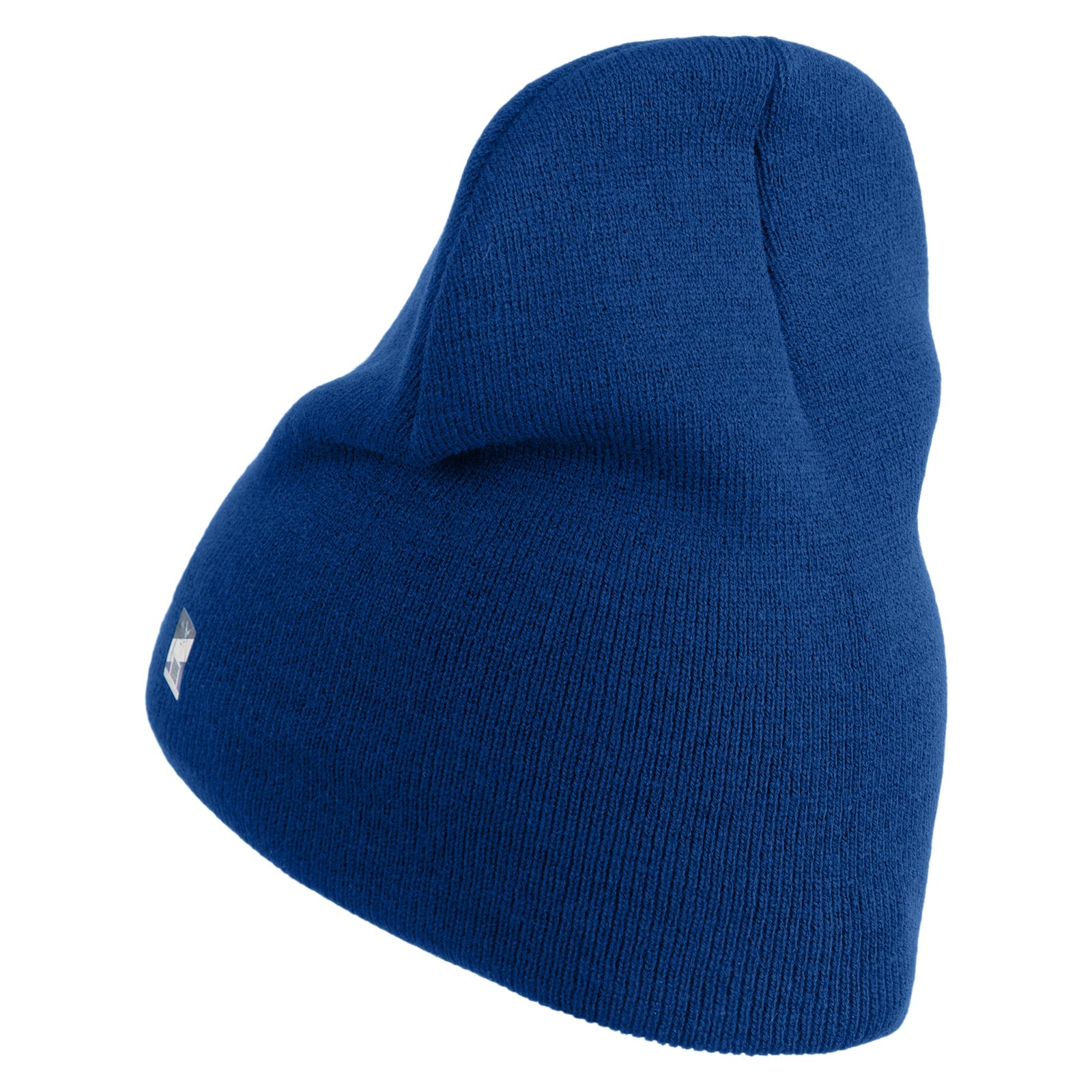 Blue knit beanie on a white background