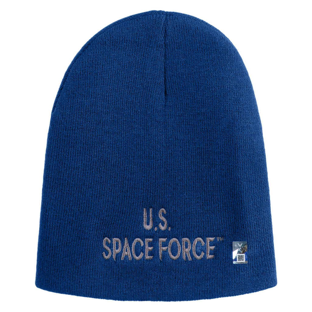 Blue beanie with 'U.S. Space Force' text on a white background