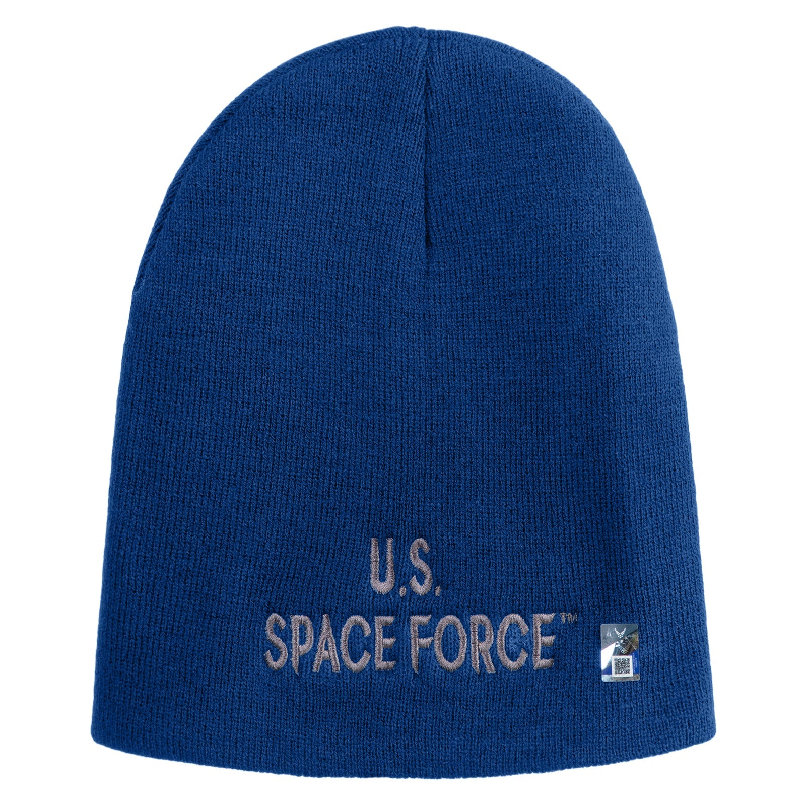 Blue beanie with 'U.S. Space Force' text on a white background