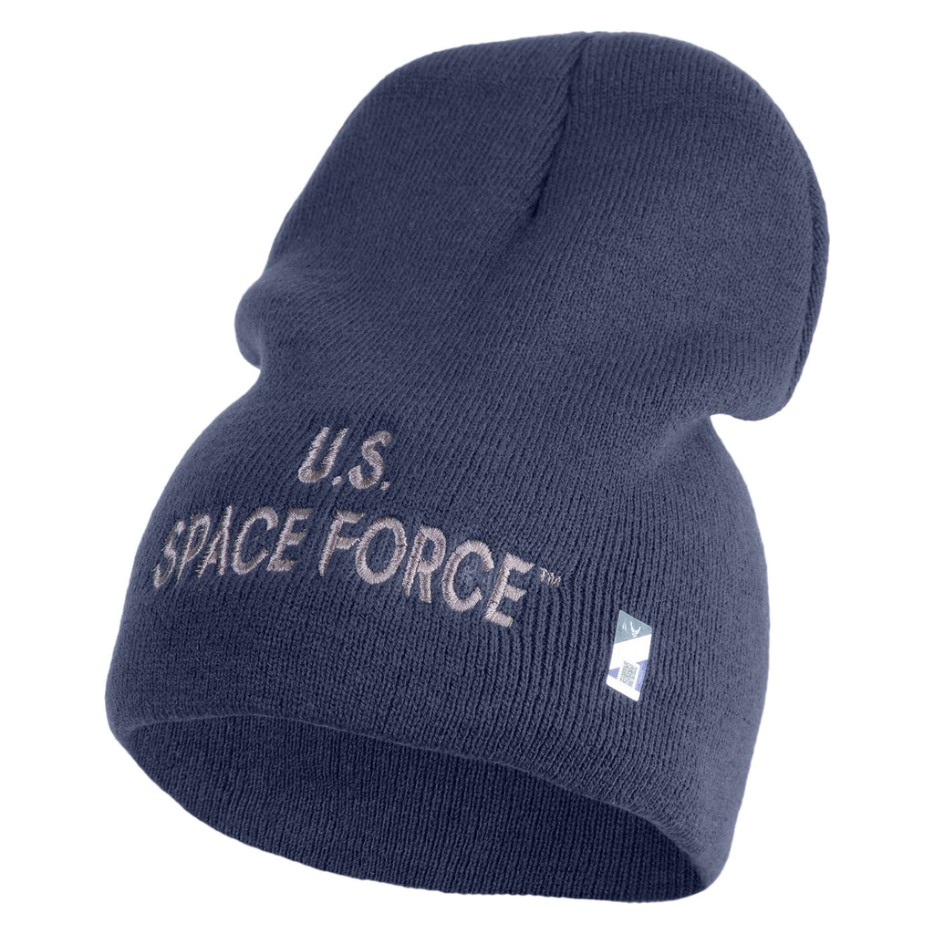 Navy blue beanie with 'U.S. Space Force' text on a white background