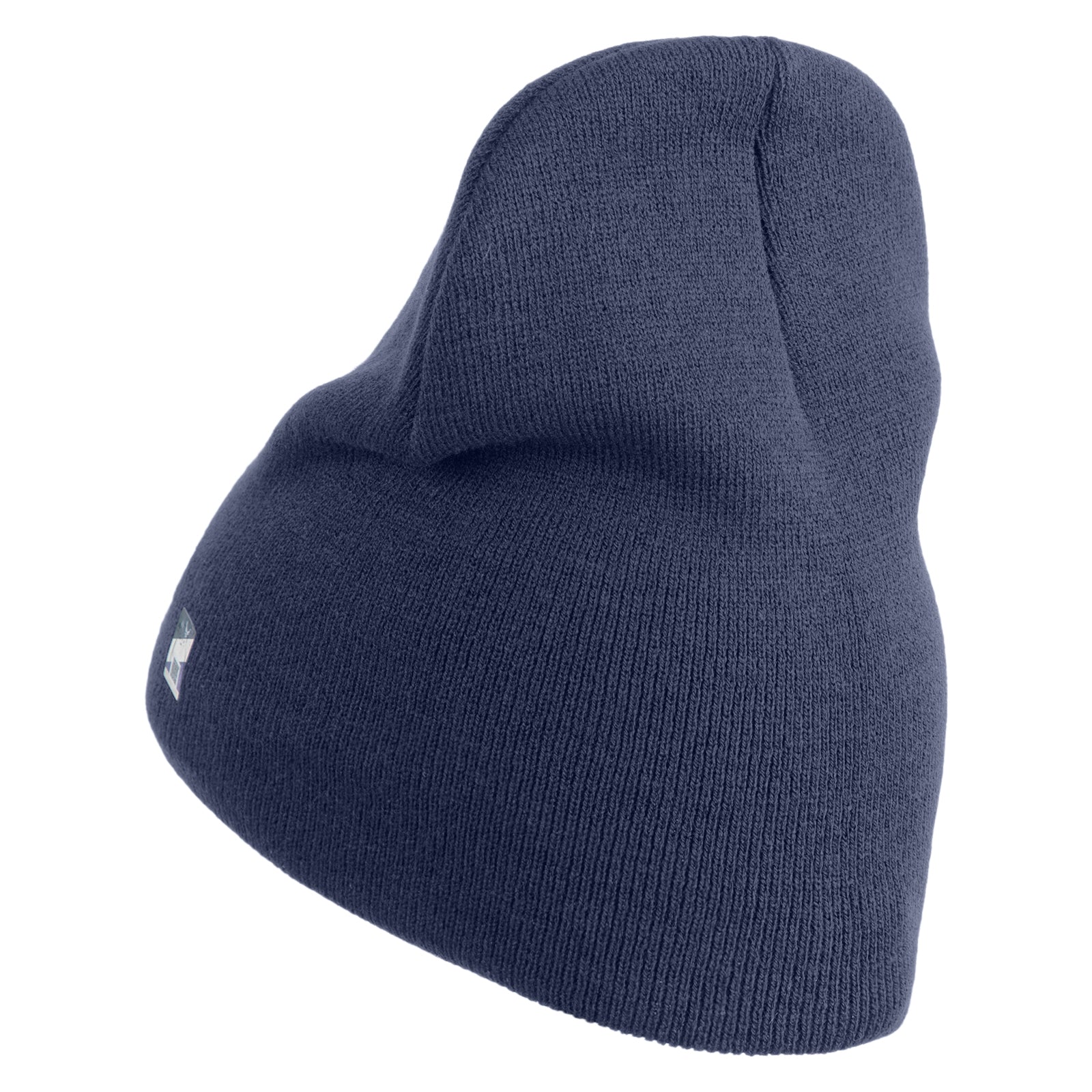 Navy blue knit beanie on a white background