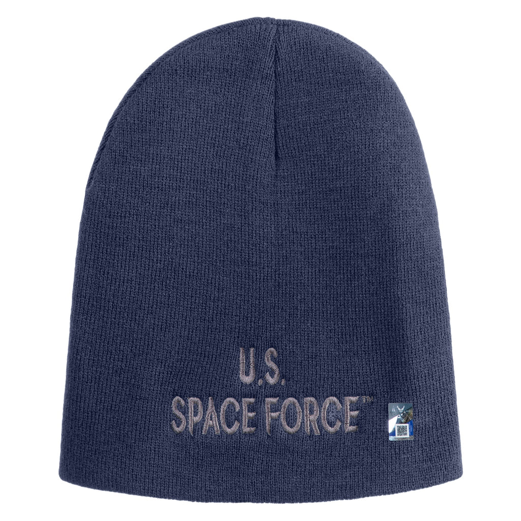 Navy blue beanie with 'U.S. Space Force' text on a white background