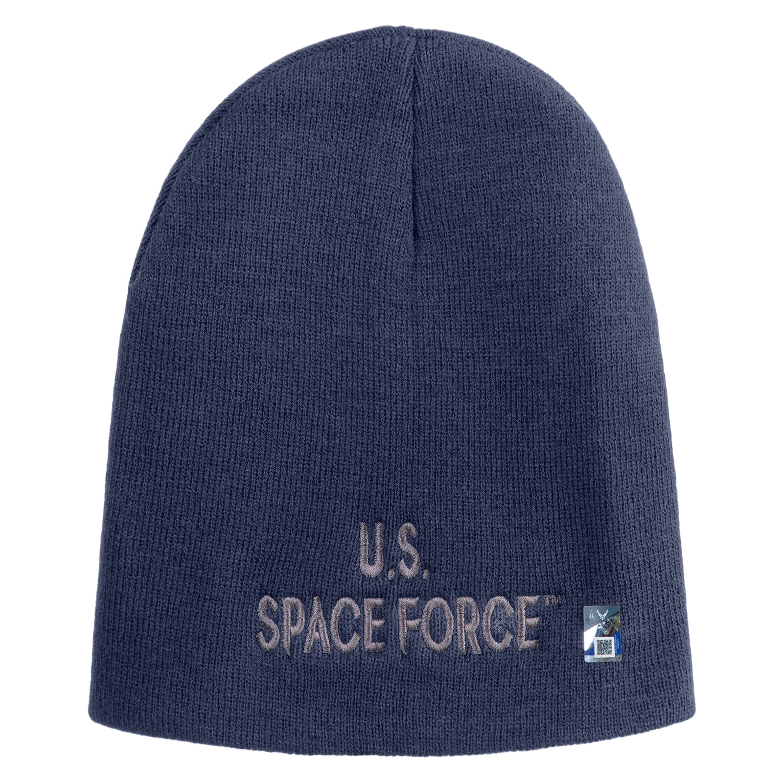 Navy blue beanie with 'U.S. Space Force' text on a white background