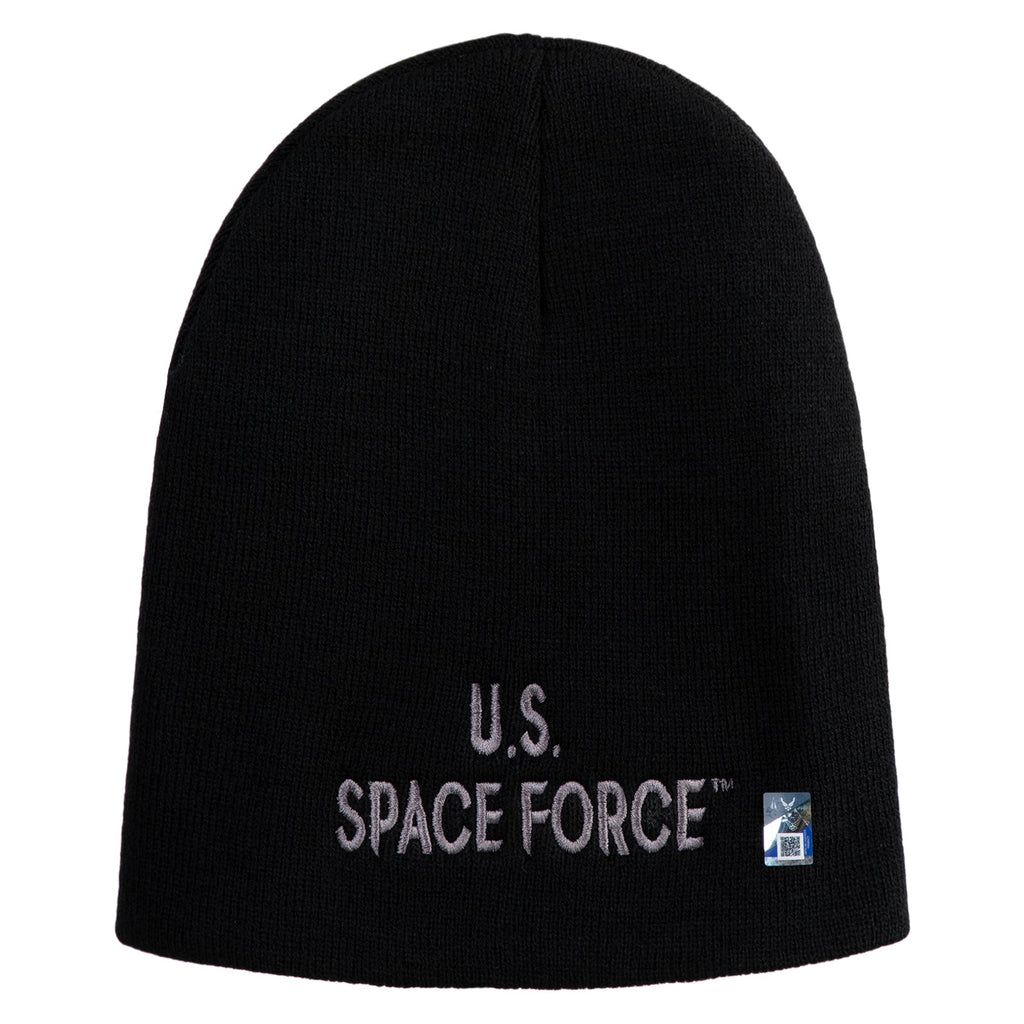 Black beanie with 'U.S. Space Force' text on a white background