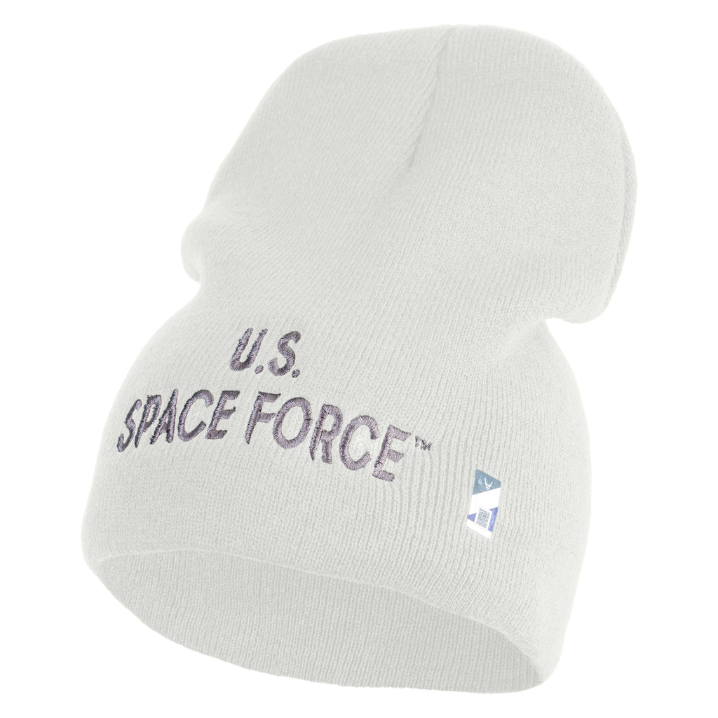 White beanie with 'U.S. Space Force' text on a white background