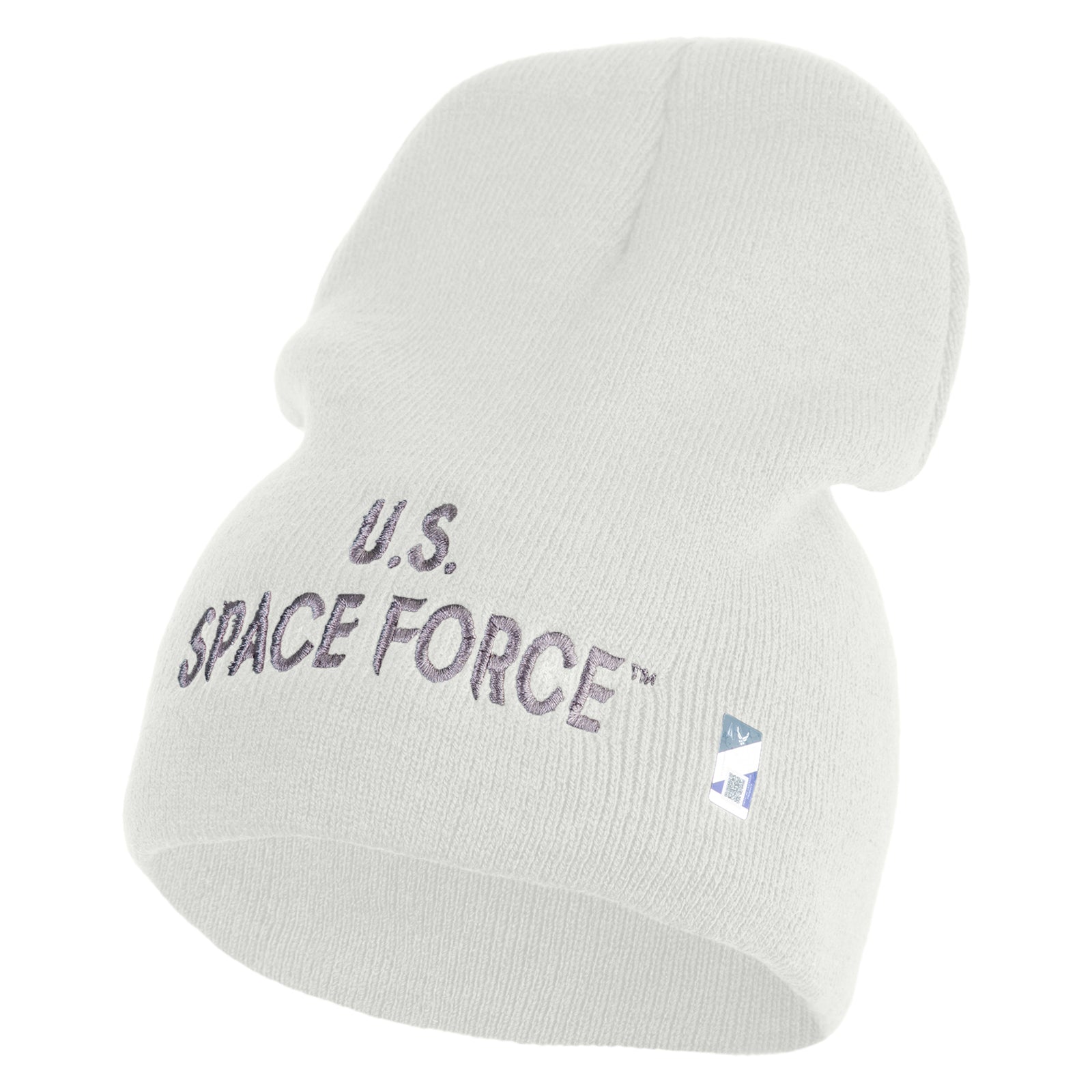 White beanie with 'U.S. Space Force' text on a white background