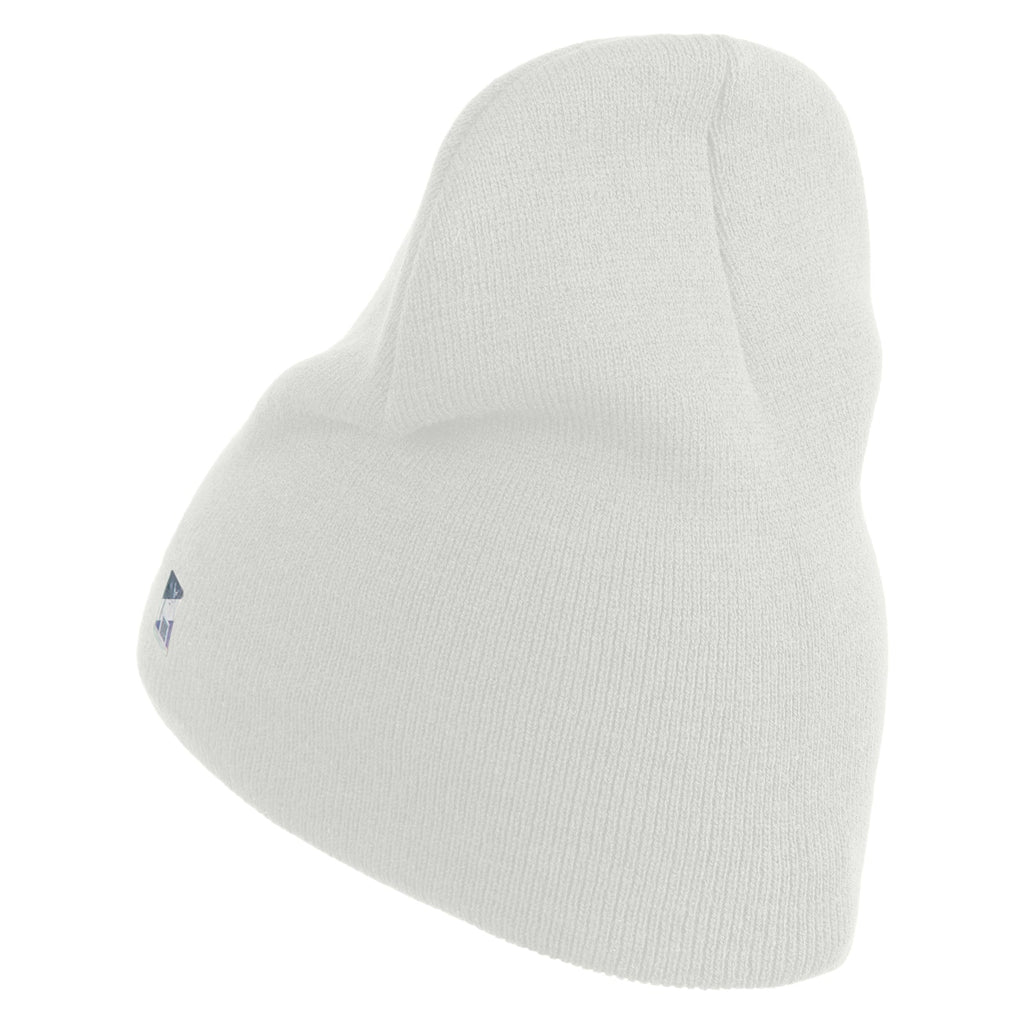 White knit beanie with a small logo on a white background