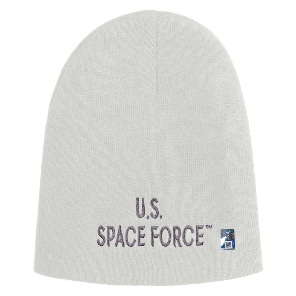 Gray beanie with 'U.S. Space Force' text on a white background