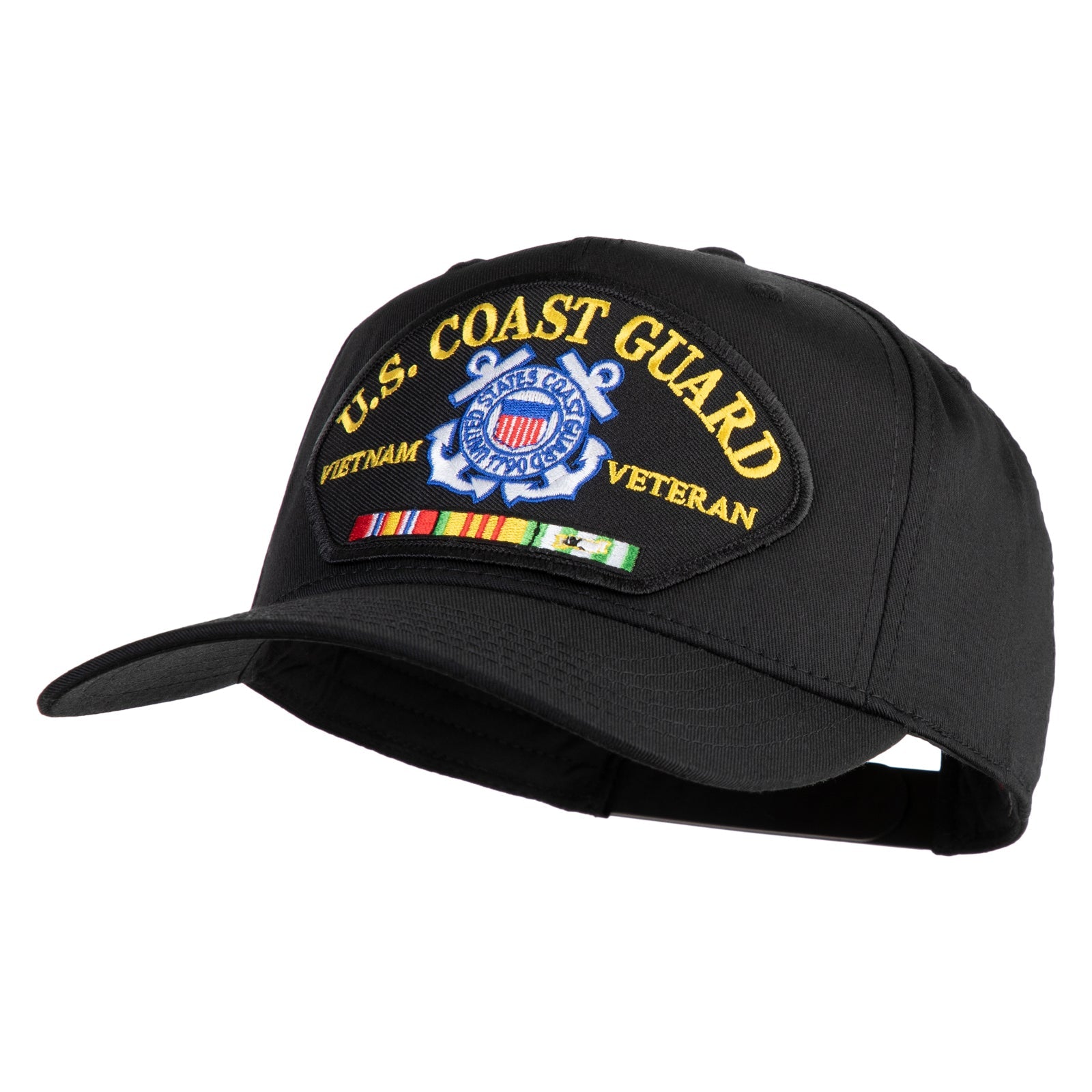 Black cap with U.S. Coast Guard Veteran patch on a white background