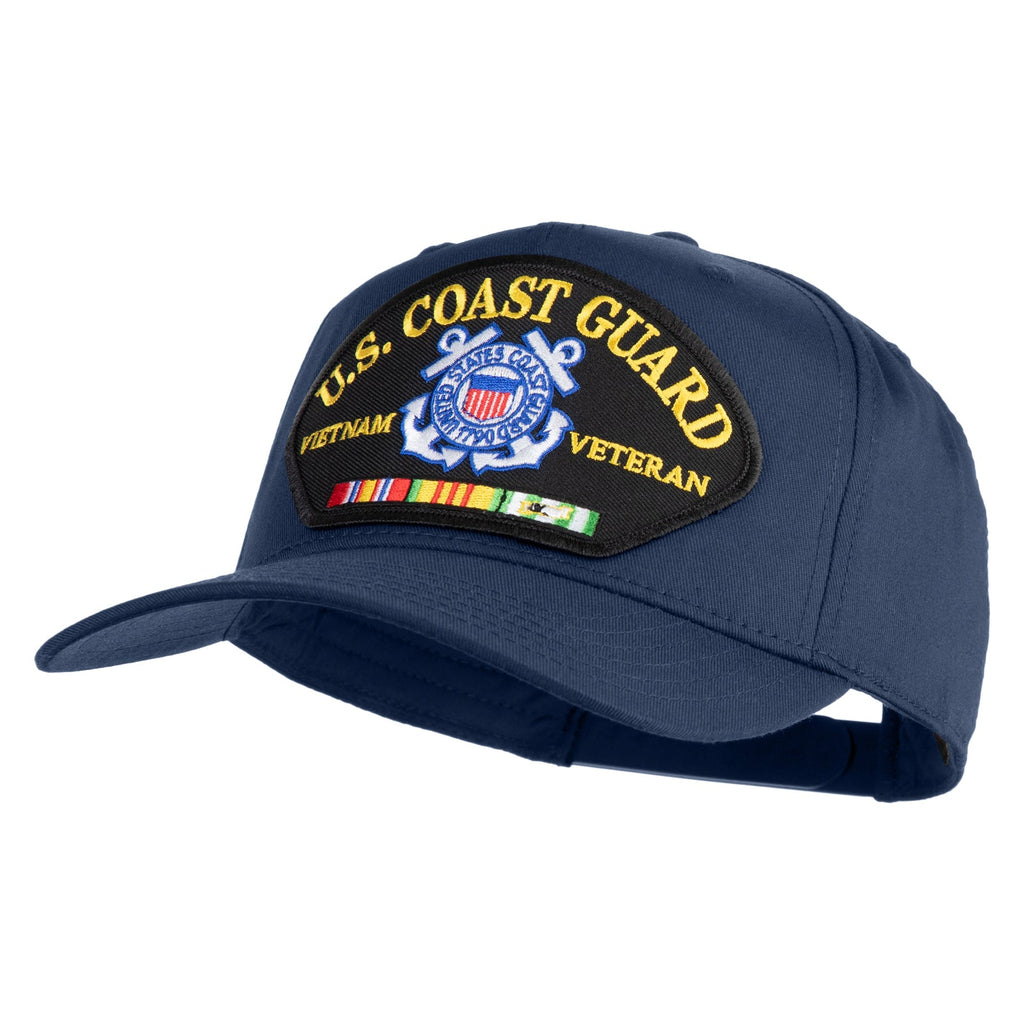 Blue U.S. Coast Guard Veteran cap with embroidered patch on a white background