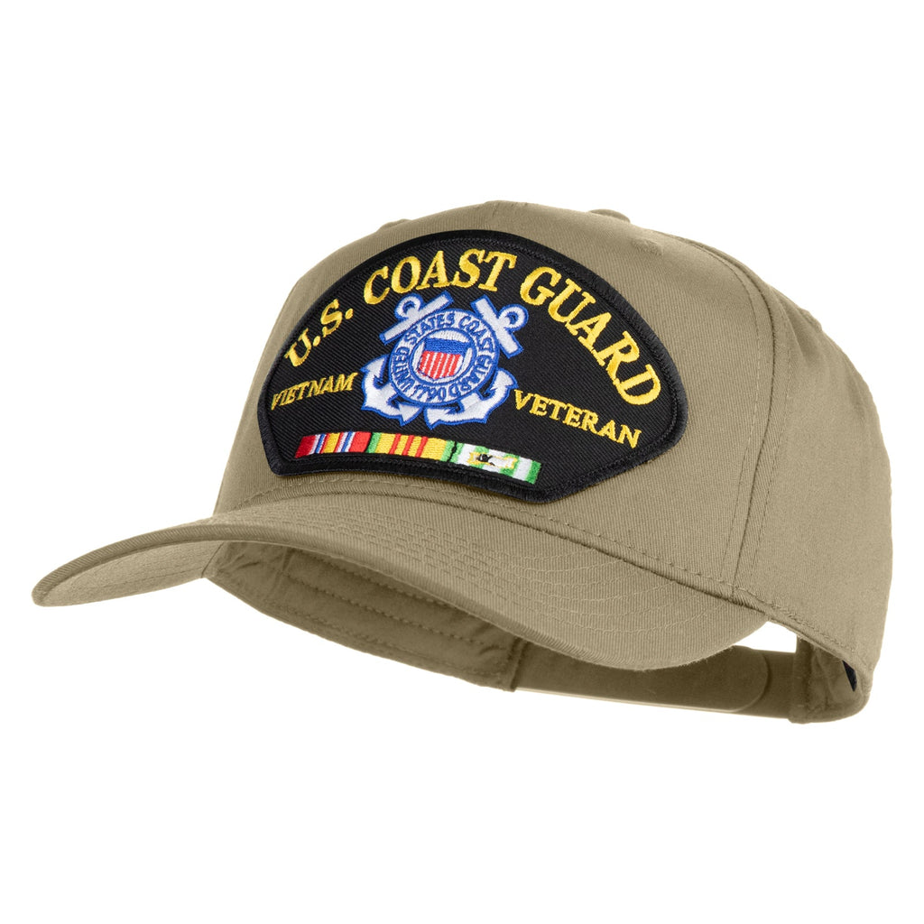 Khaki cap with U.S. Coast Guard Vietnam Veteran patch on a white background