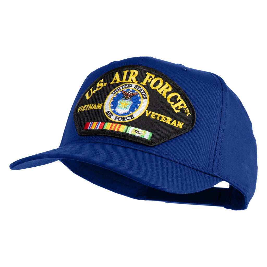 Blue cap with U.S. Air Force Vietnam Veteran patch on a white background