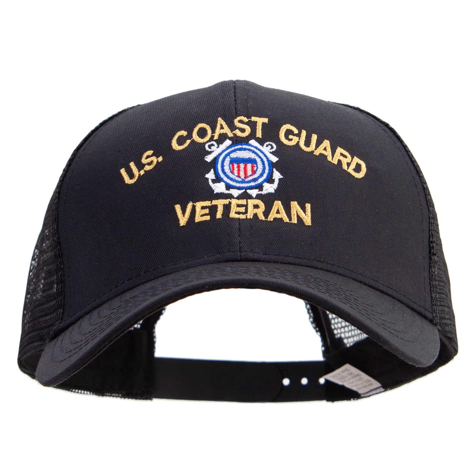 Black cap with 'U.S. Coast Guard Veteran' text and emblem on a white background