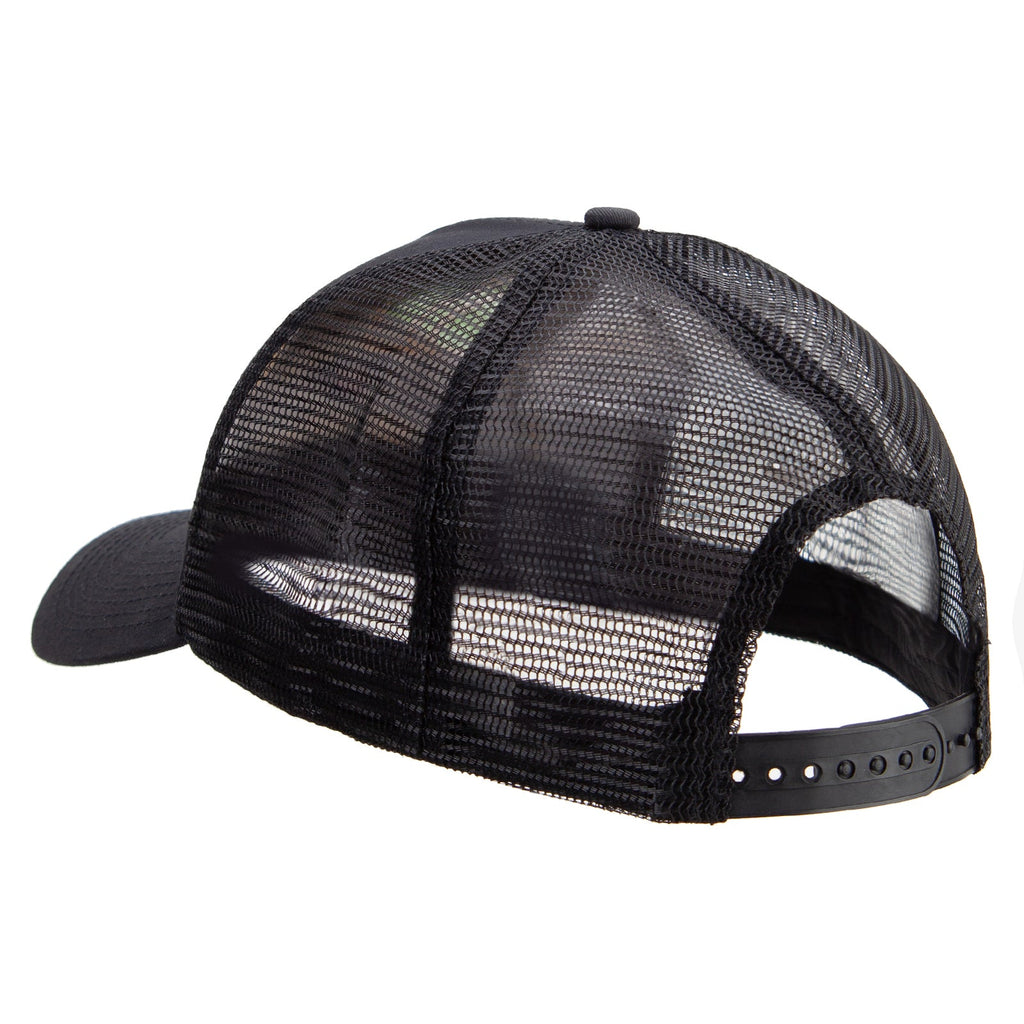Black mesh trucker cap on a white background
