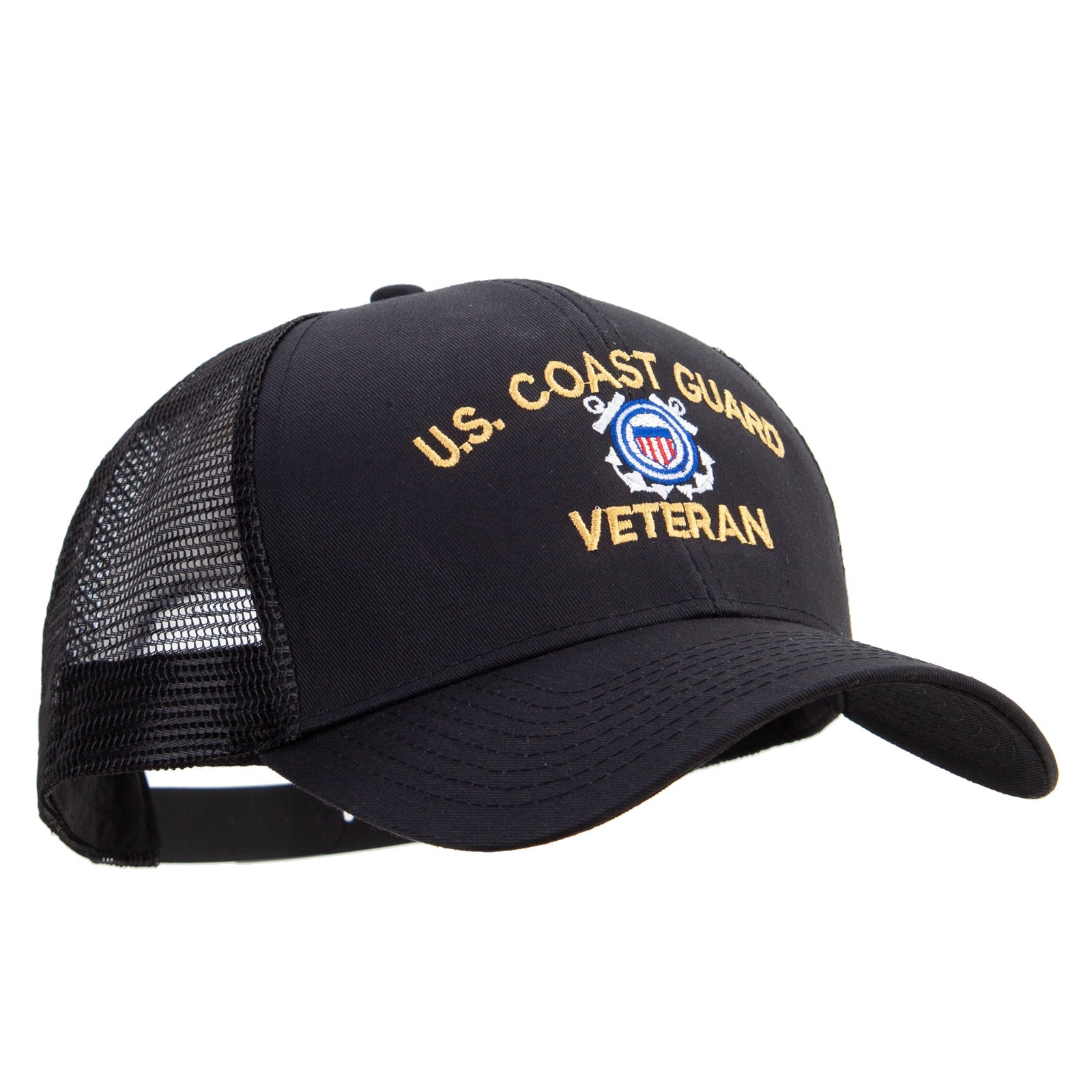 Black cap with 'U.S. Coast Guard Veteran' text and logo on a white background