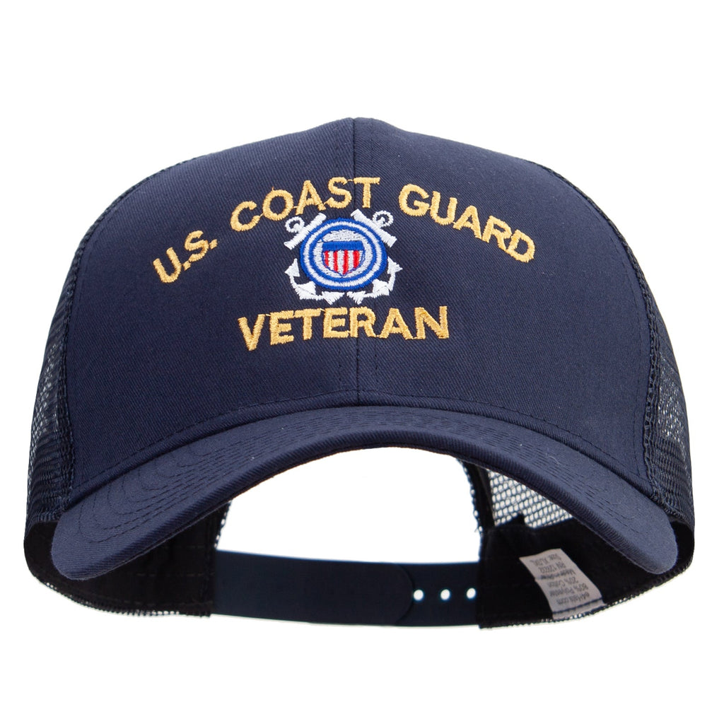 Navy blue cap with 'U.S. Coast Guard Veteran' text and emblem on a white background