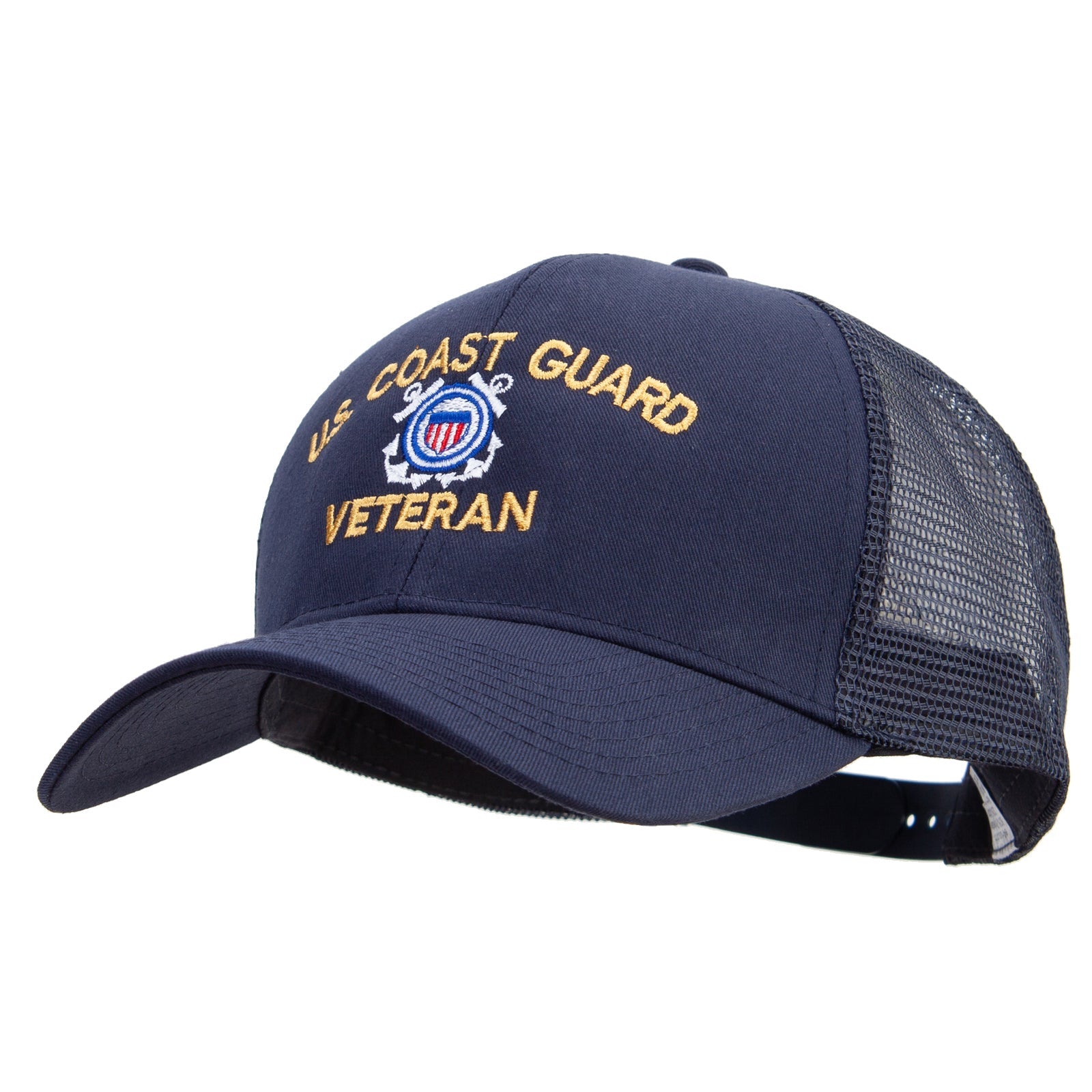Navy blue cap with 'U.S. Coast Guard Veteran' text and emblem on a white background
