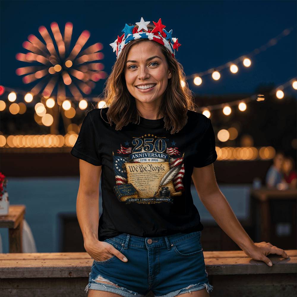 A woman wearing a black graphic t-shirt with a 250th Anniversary 'We the People' design, blue denim shorts, and a patriotic red, white, and blue star-spangled crown. She is posing outdoors at night with warm string lights and fireworks in the background.