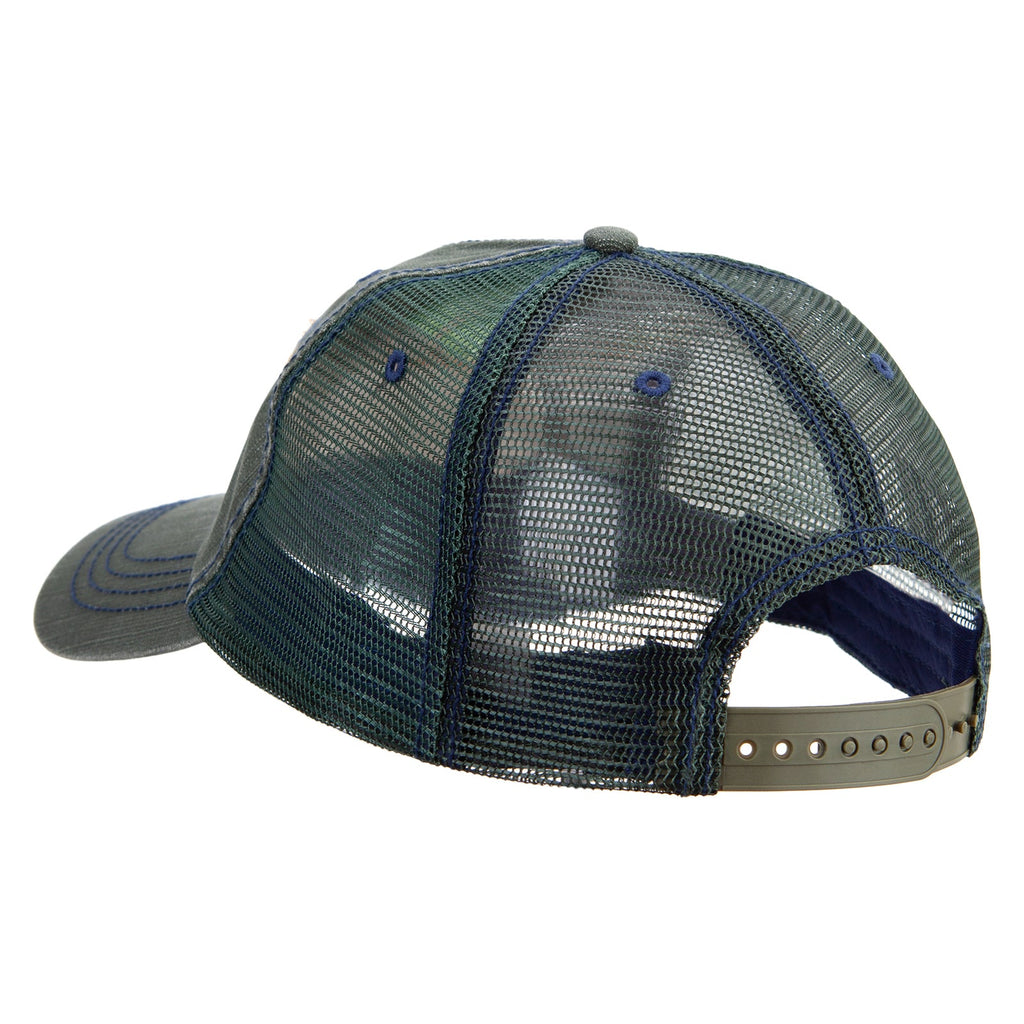 Green and gray mesh cap with a brown brim on a white background