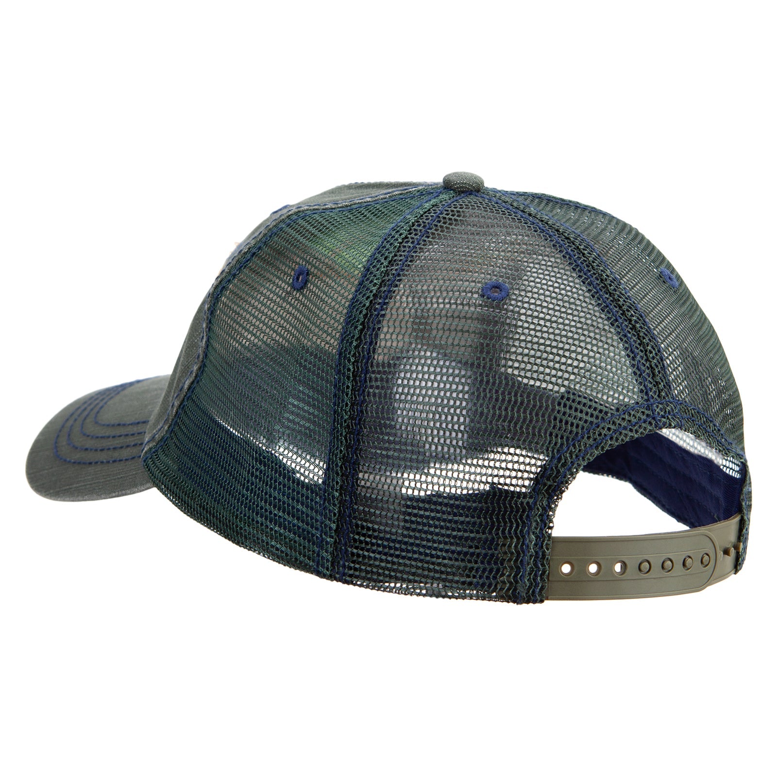 Green and gray mesh cap with a brown brim on a white background