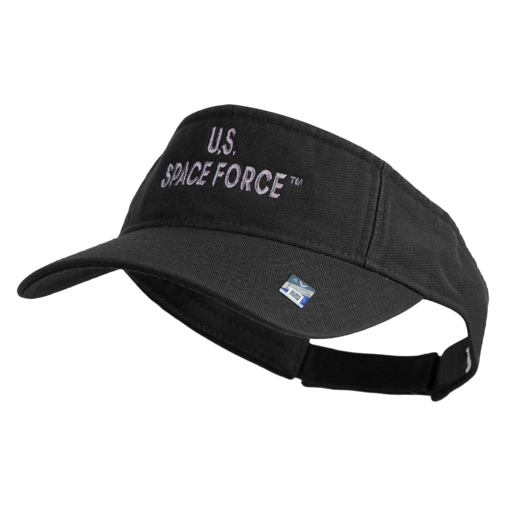 Black visor cap with 'U.S. Space Force' text on a white background