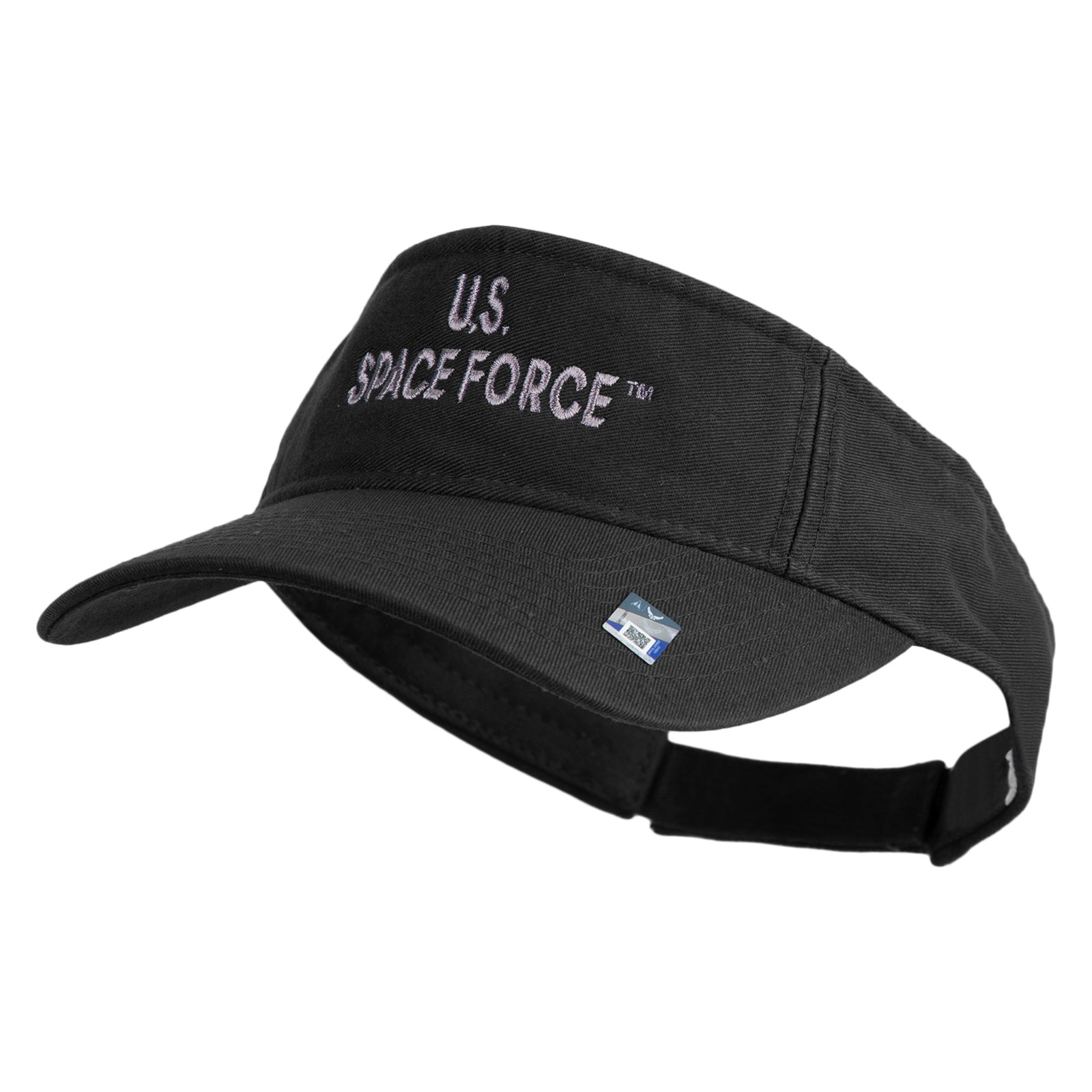 Black visor cap with 'U.S. Space Force' text on a white background