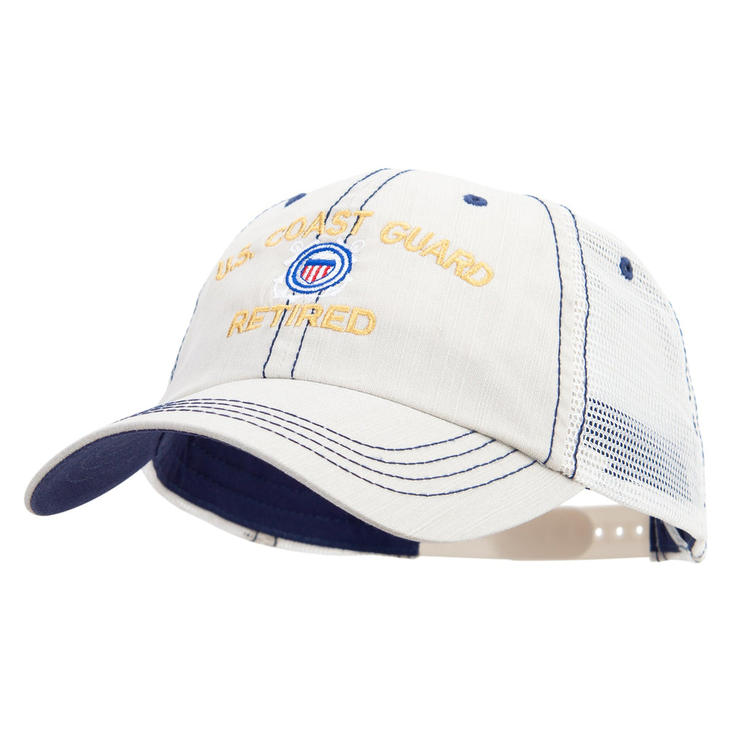 White cap with 'Coast Guard Retired' text and logo on a white background