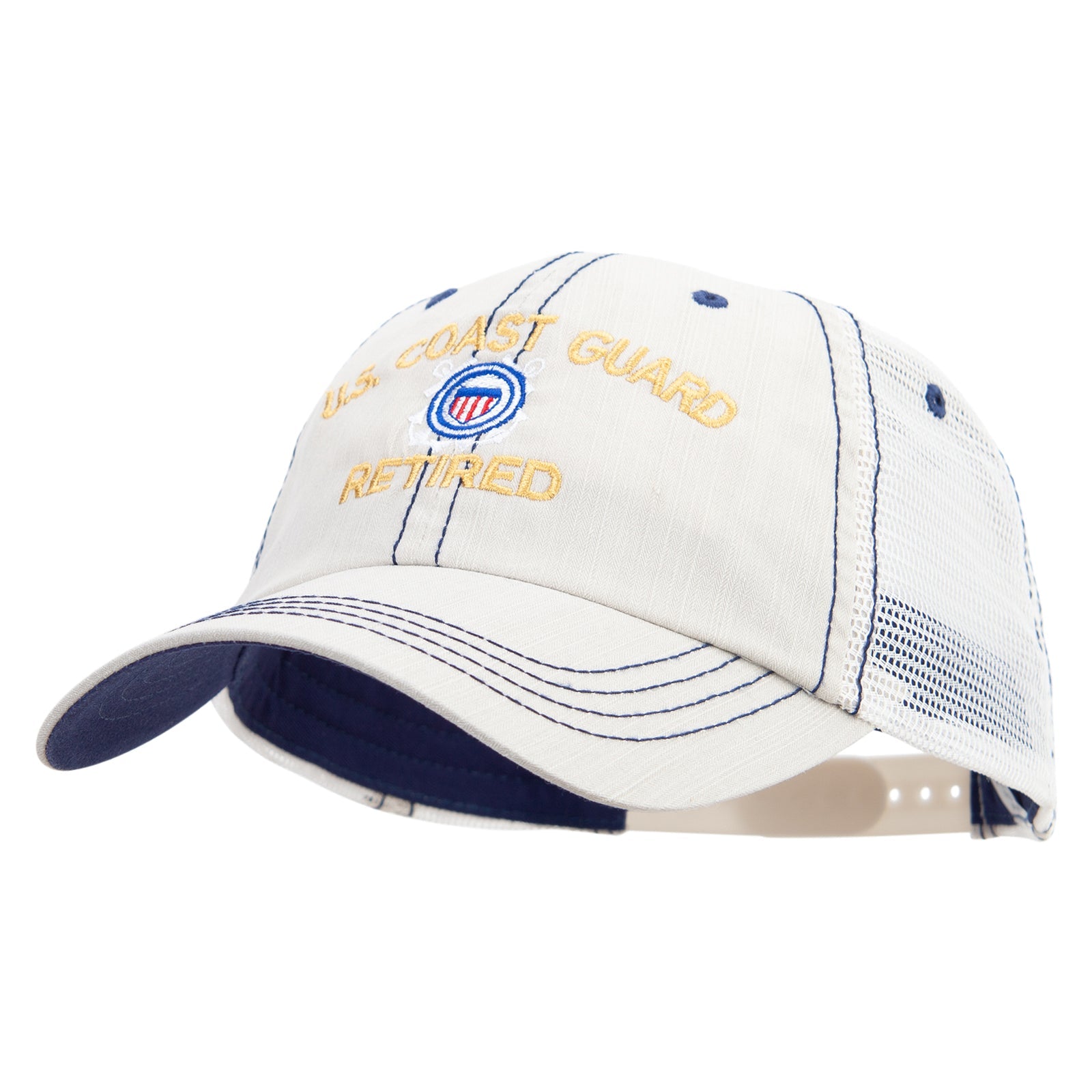 White cap with 'Coast Guard Retired' text and logo on a white background