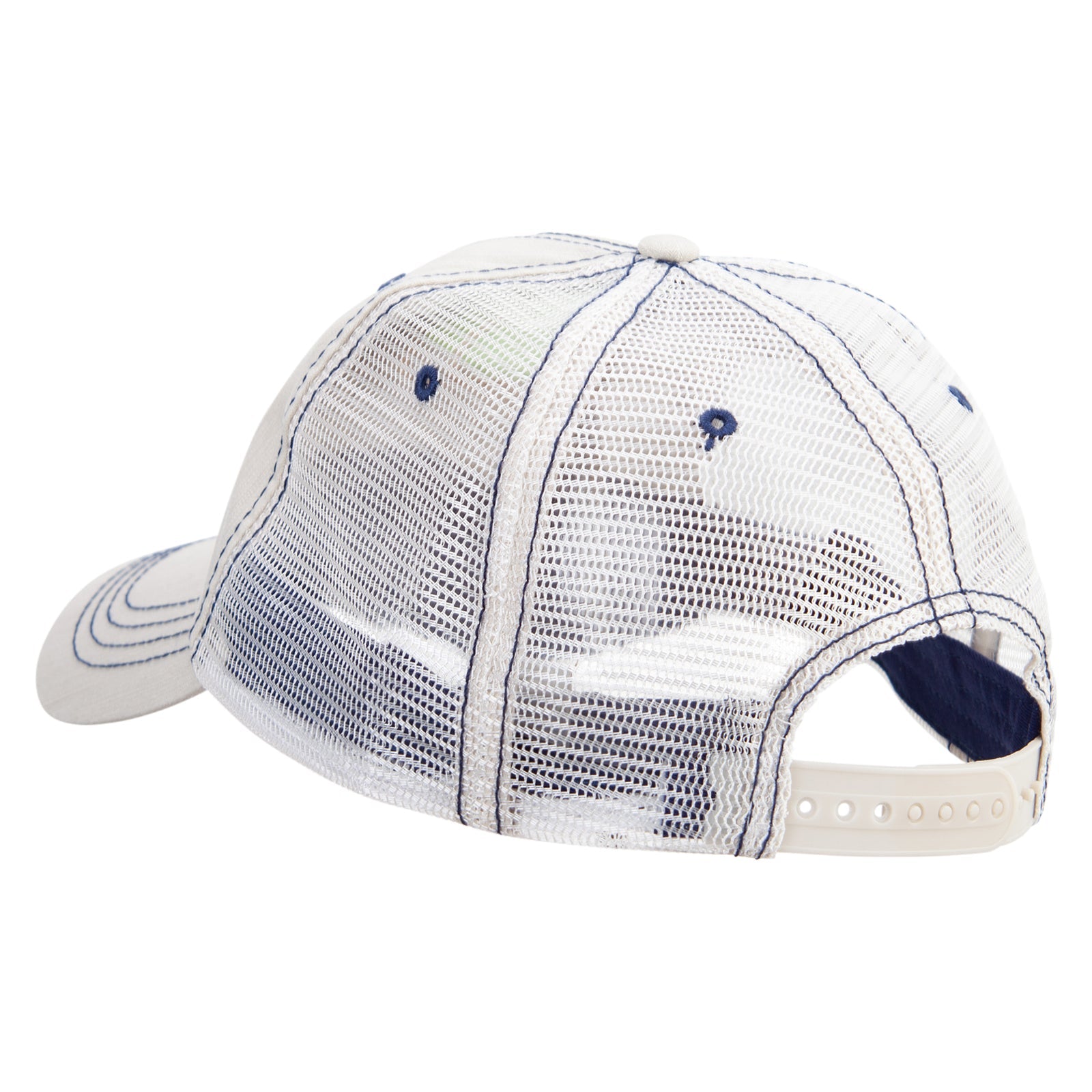 White mesh cap with blue accents on a white background