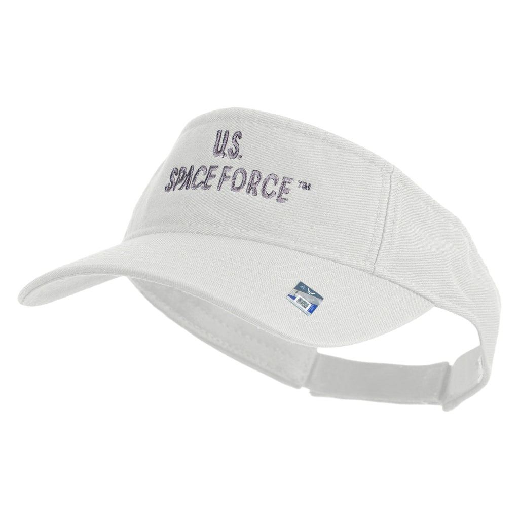 White visor cap with 'U.S. Space Force' text on a white background