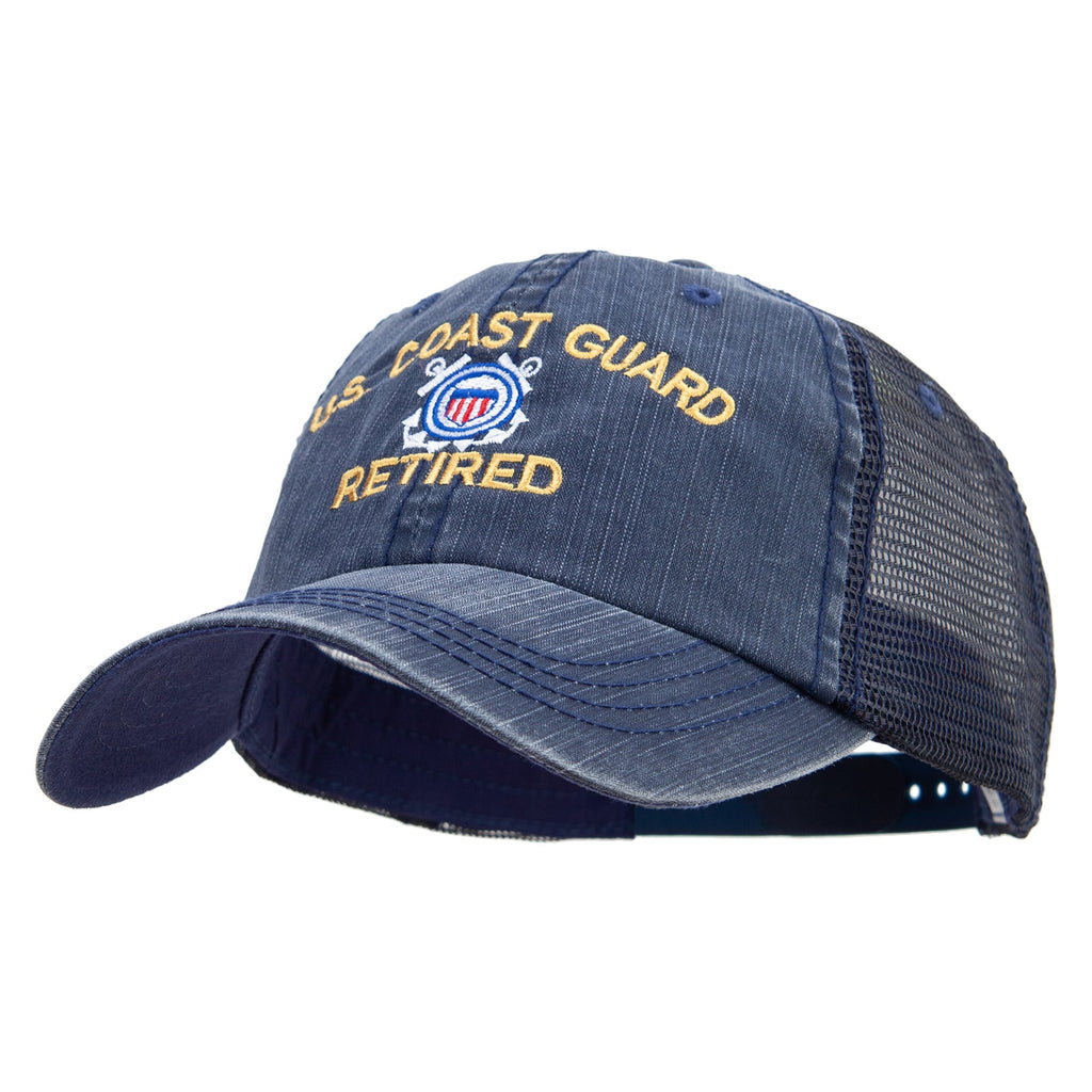 Blue cap with 'U.S. Coast Guard Retired' text and emblem on a white background