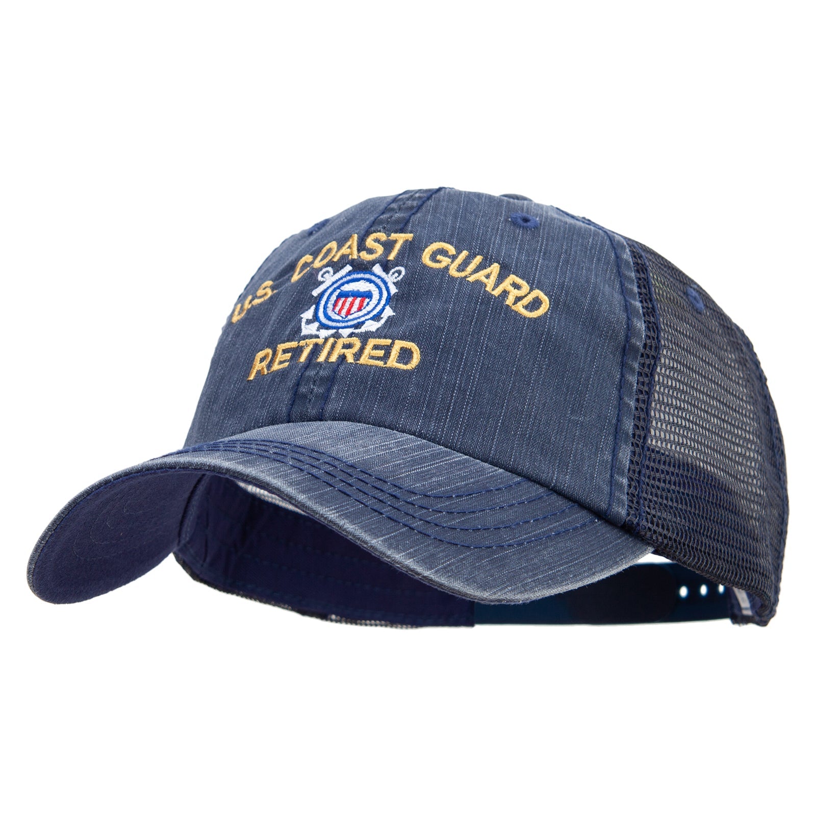 Blue cap with 'U.S. Coast Guard Retired' text and emblem on a white background