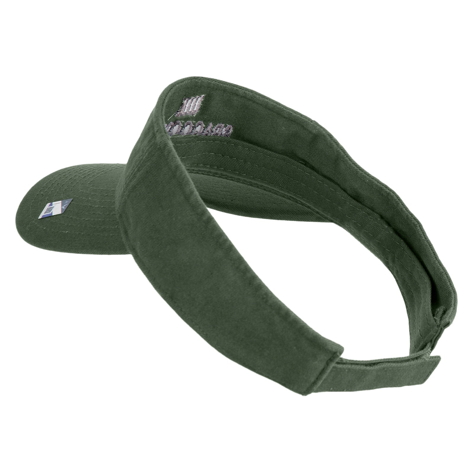 Green visor cap with a brand logo on a white background