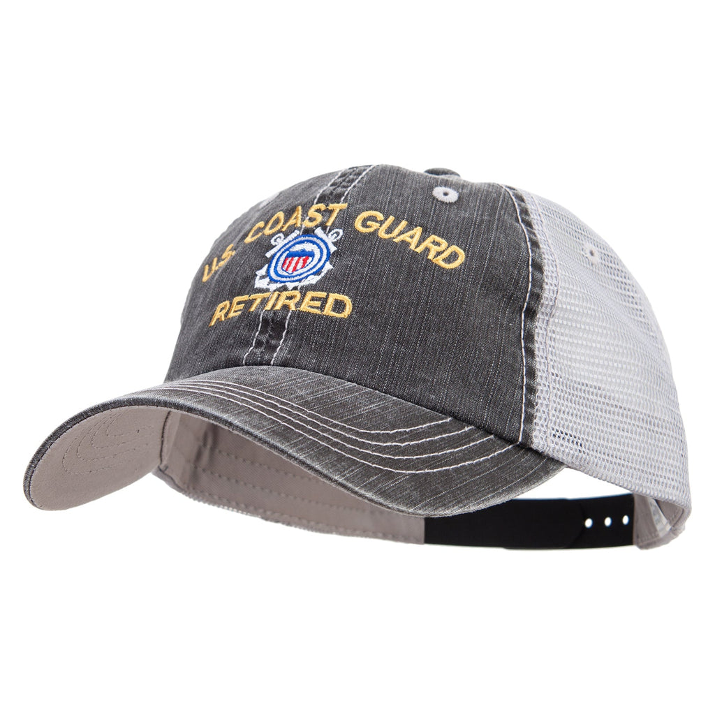US Coast Guard Retired cap with gray bill and white mesh back on a white background