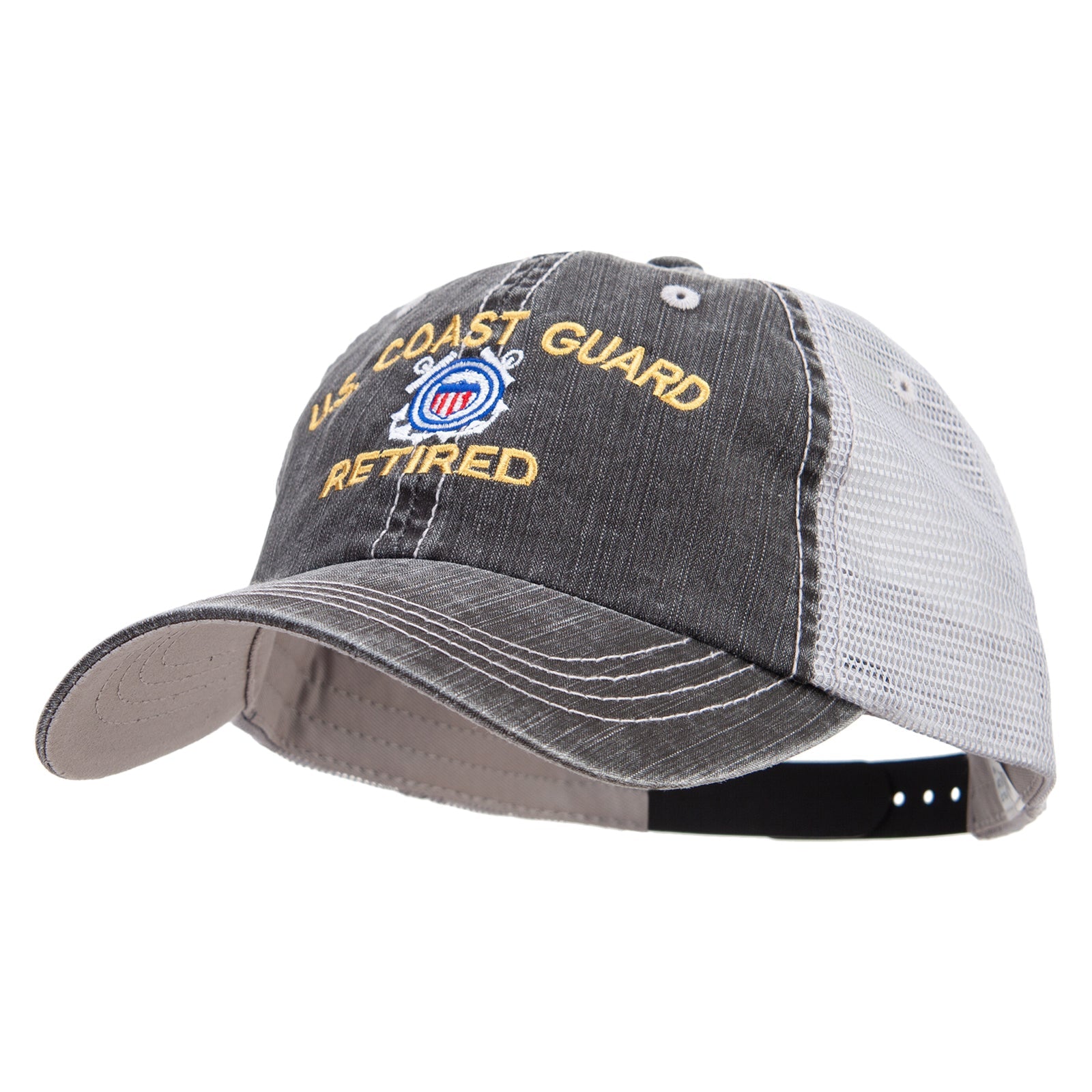 US Coast Guard Retired cap with gray bill and white mesh back on a white background